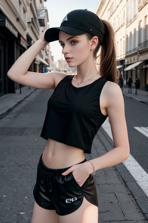 masterpiece, best quality, hyperrealistic, cinematic photo, 18 year old woman, pale skin, French amazing slim body, Black sport top, black sport shorts, black cap, long brown ponytail, large legs, perfect hands, beautiful face, perfect face, youthful, , (blured background), modern style, (low-angle shoot), (view viewer), looking at viewer,(8k, epic composition, photorealistic, sharp focus), sophisticated background, street background, DSLR, foil grain, backlight