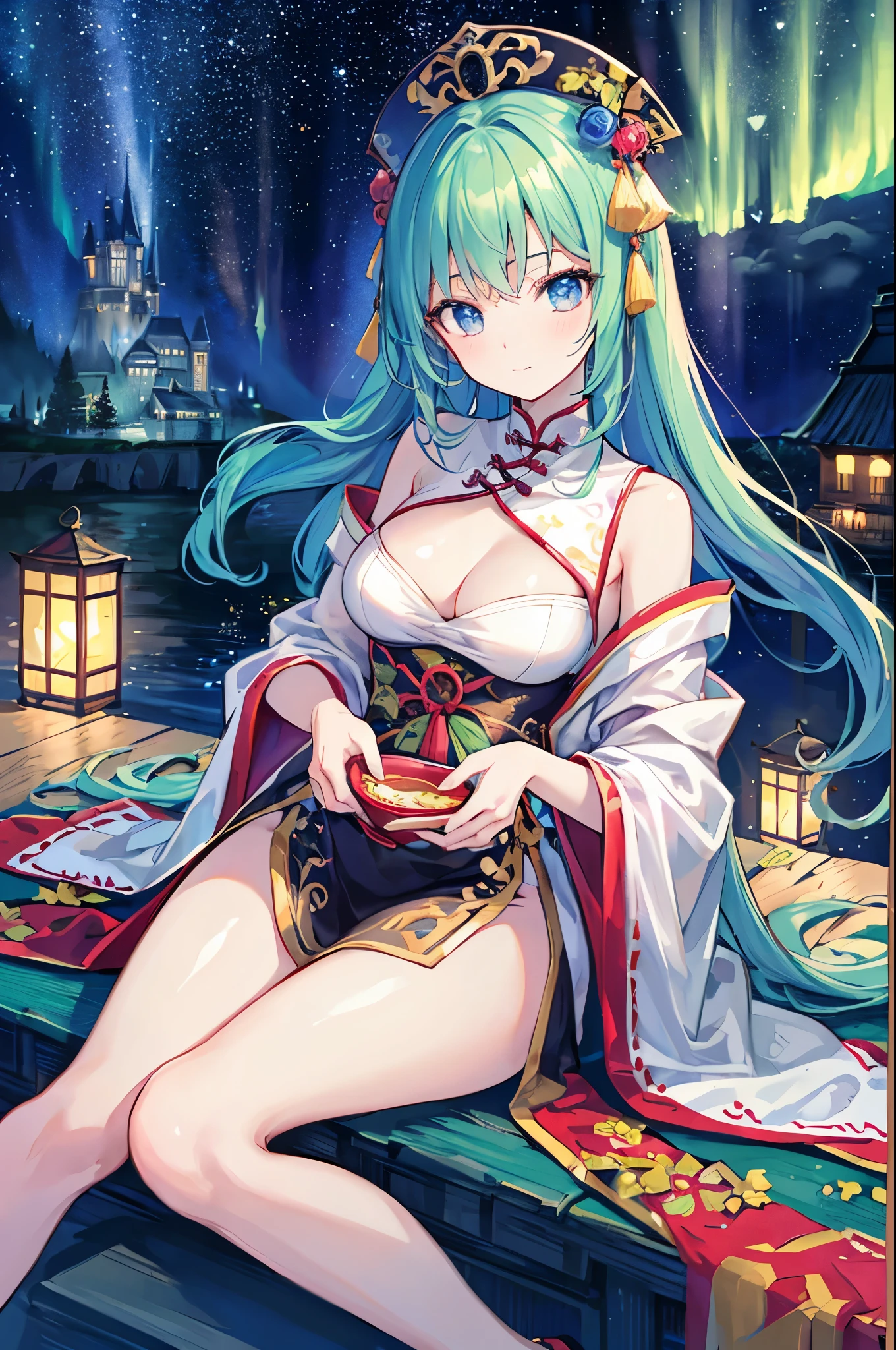 （masterpiece）、(highest quality)、((Super detailed))、(super delicate)、naughty chinese princess、Pastel colors hair、beautiful breasts、gorgeous castle、Fantastic starry sky、aurora