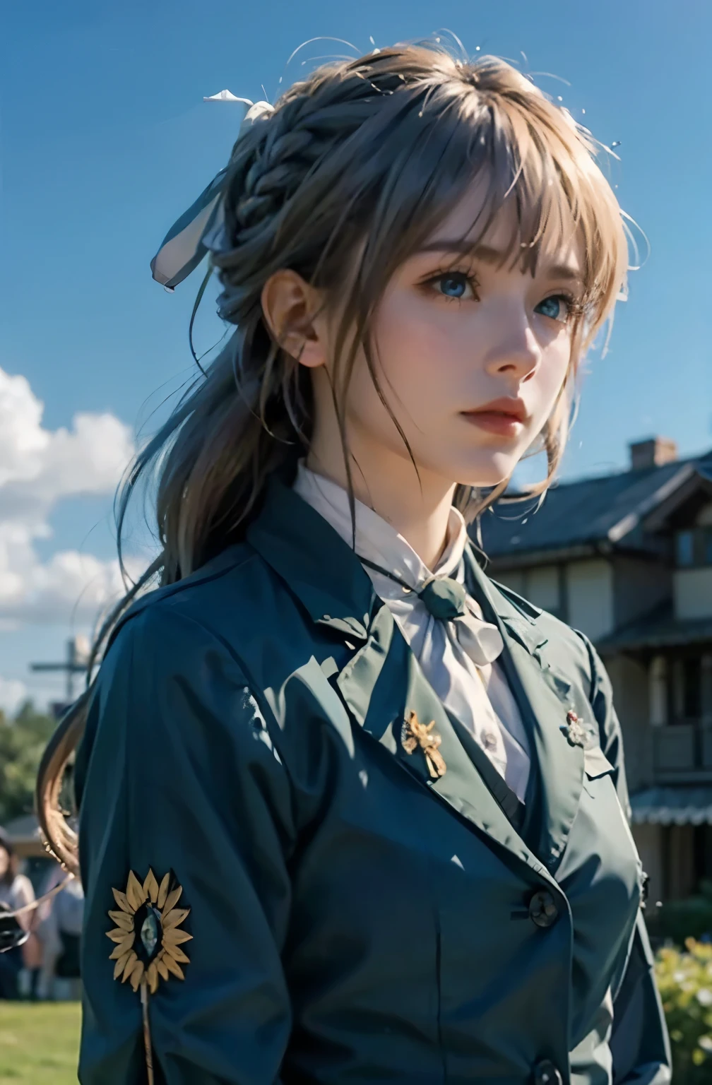 purple, 1 girl, alone, looking at the audience, blue eyes, blonde hair, ribbon, hair between eyes, Green gemstones, close your mouth, jacket, hair ribbon, Upper body, braid, outdoor, Sky空, Sky, cloud, red ribbon, blue Sky空, ascot, background, hair intake, blue jacket, brooch, white ascot, masterpiece