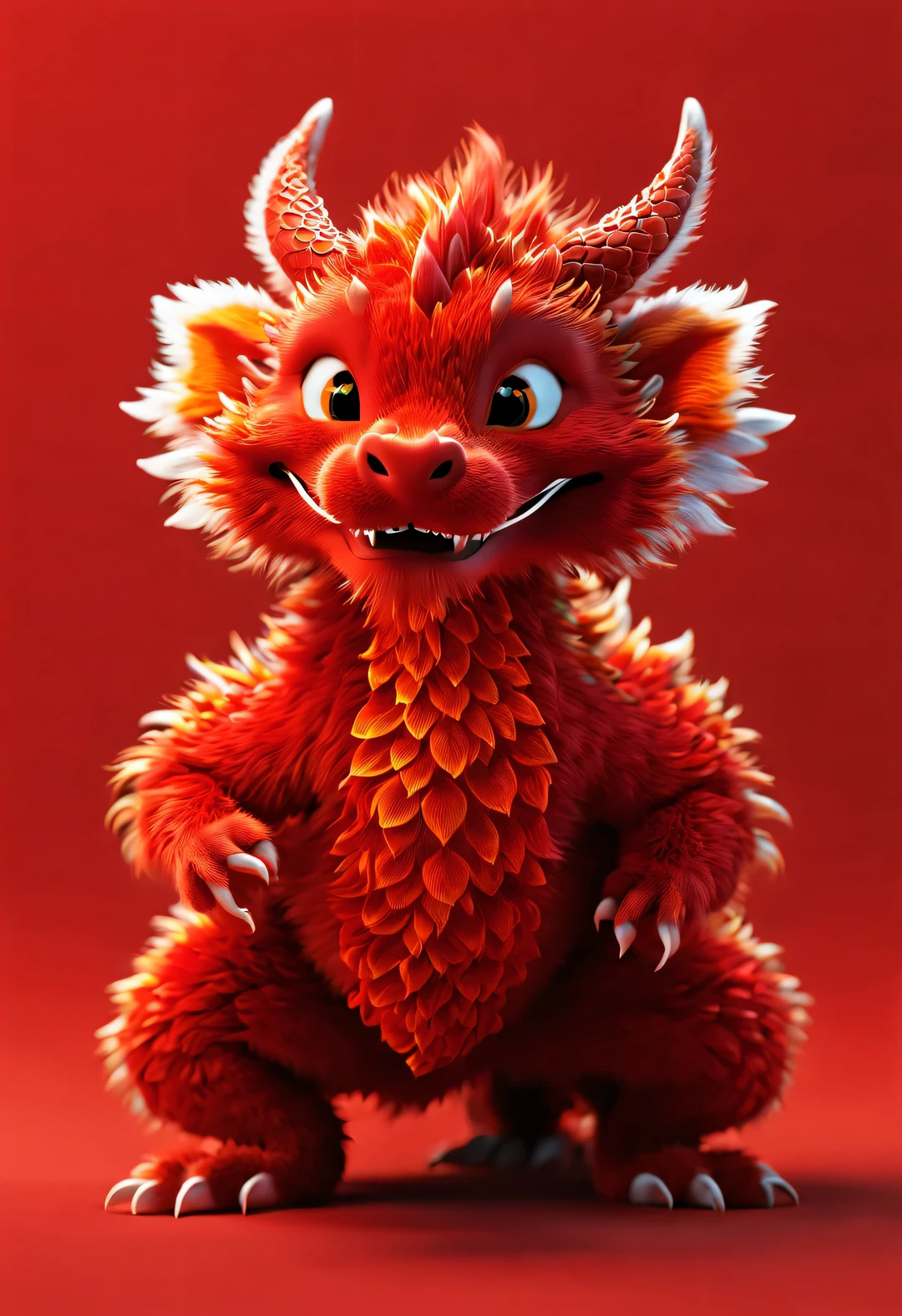3d rendering, realistic fur, red wallpaper, Simple modern style, beautiful wallpaper, Super skinny naughty red and orange zodiac dragon baby dances playfully, frontal portrait, (There are several transparent dragon whiskers: 0.65), (looking at camera), Beijing, 🦑 design, Wearing a monogrammed embroidered hoodie "AI" printed on it: 1.37, Background with red embroidered auspicious cloud texture,