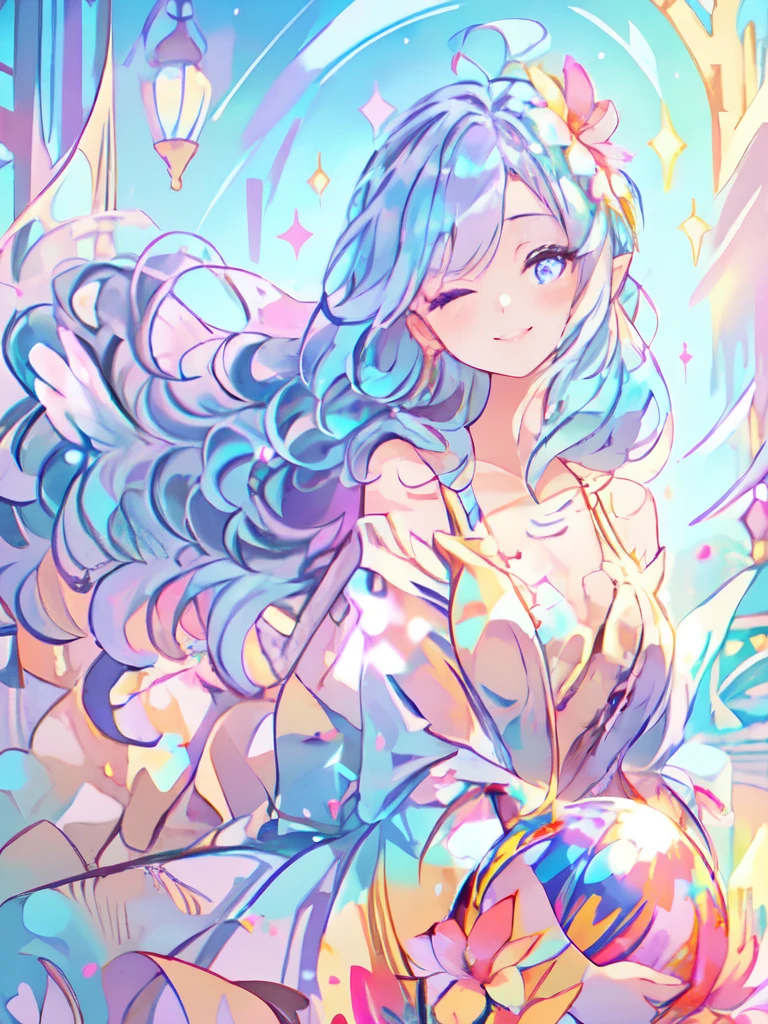 beautiful fairy girl in tiered colorful gradient ballgown dress, highest quality,masterpiece,16K or 8K,Super detailed,gradation glitter ,One piece with plenty of frills、 queen of the fairies, giant white fairy wings、 Flowers and colorful plants, beautiful, masterpiece, highest quality、gradient hair, light blue hair, floating hair, wavy hair,fluffy hair、 very long hair, Hair ribbon at the back of the head, pastel wreath on head,Lavender colored eyes, long eyelashes, beautiful eyes、pointed ears, light smile, bright pupils, ((Sparkling fluffy layered ball gown)), (magic, Whimsical), Long flowing colorful hair, beautiful顔,digital illustration, masterpiece,highest quality,High resolution,Super detailed, masterpiece, highest quality、shiny smile、blue sky、beautiful桜並木、SakuraFubuki、Yaezakura、Yoshino cherry tree、goddess smile、natural makeup、smile with your mouth closed、Floating in the air