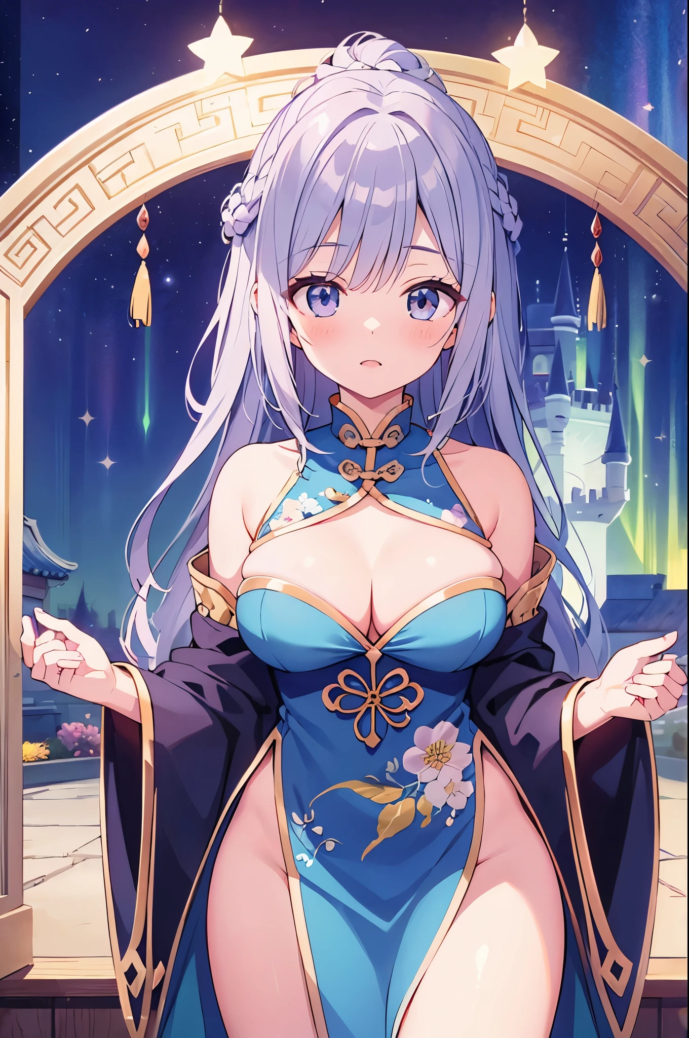 (masterpiece)、(highest quality)、((Super detailed))、(super delicate)、naughty chinese princess、Pastel colors hair、beautiful breasts、gorgeous castle、Fantastic starry sky、aurora