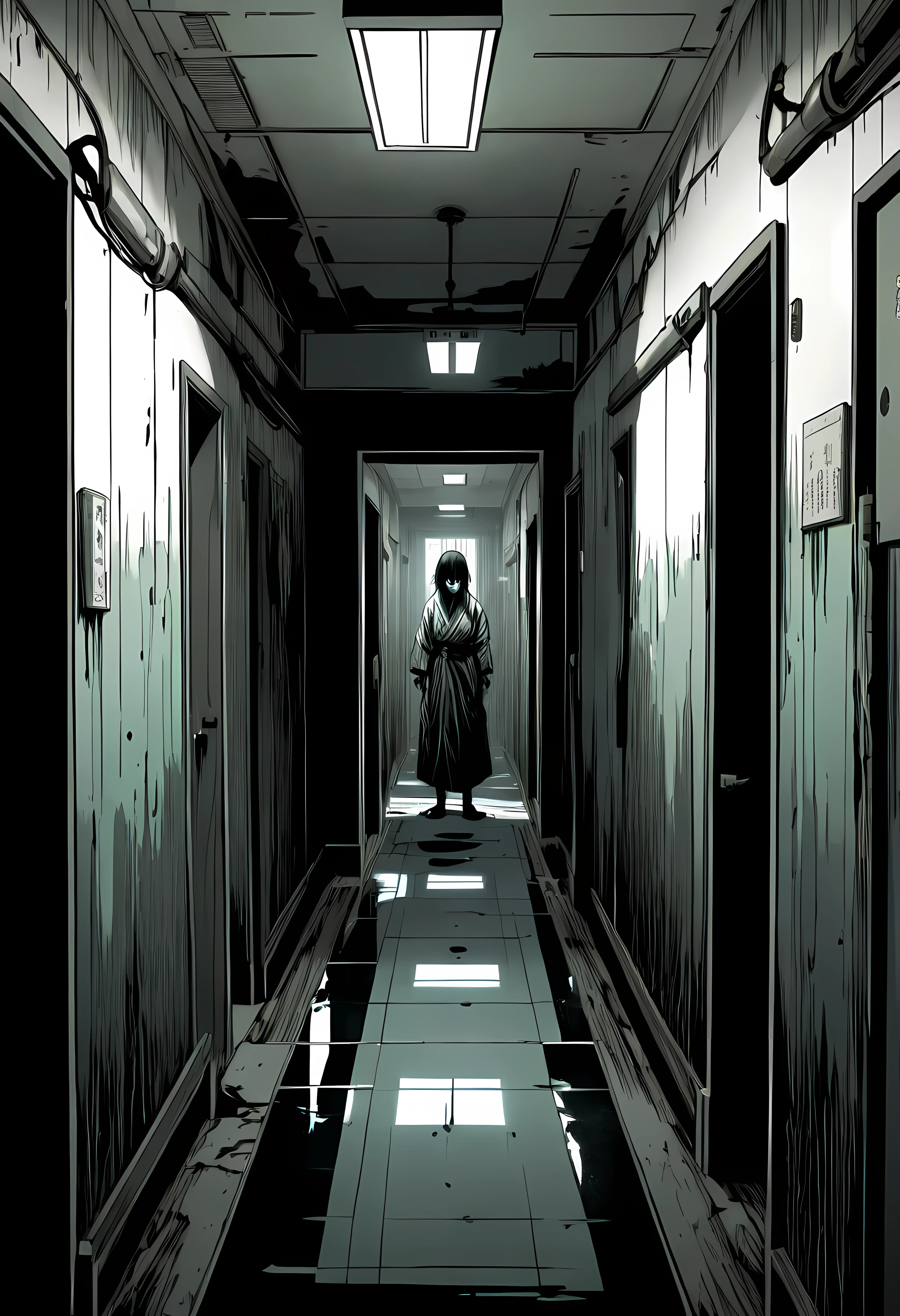 (best quality,4k,8k,highres,masterpiece:1.2),ultra-detailed,realistic:1.1,black and white,hatched lines,detailed linework in a Japanese line art style,creepy and eerie hospital corridor scene,jagged shadows,stark contrast between light and dark,gritty texture,ominous mood,distorted perspective,subtle hints of blood,horror manga-inspired ,ominous aura surrounding the room,spooky ambiance,subtle hints of paranormal activity,unsettling atmosphere,ghostly figures lurking in the shadows.