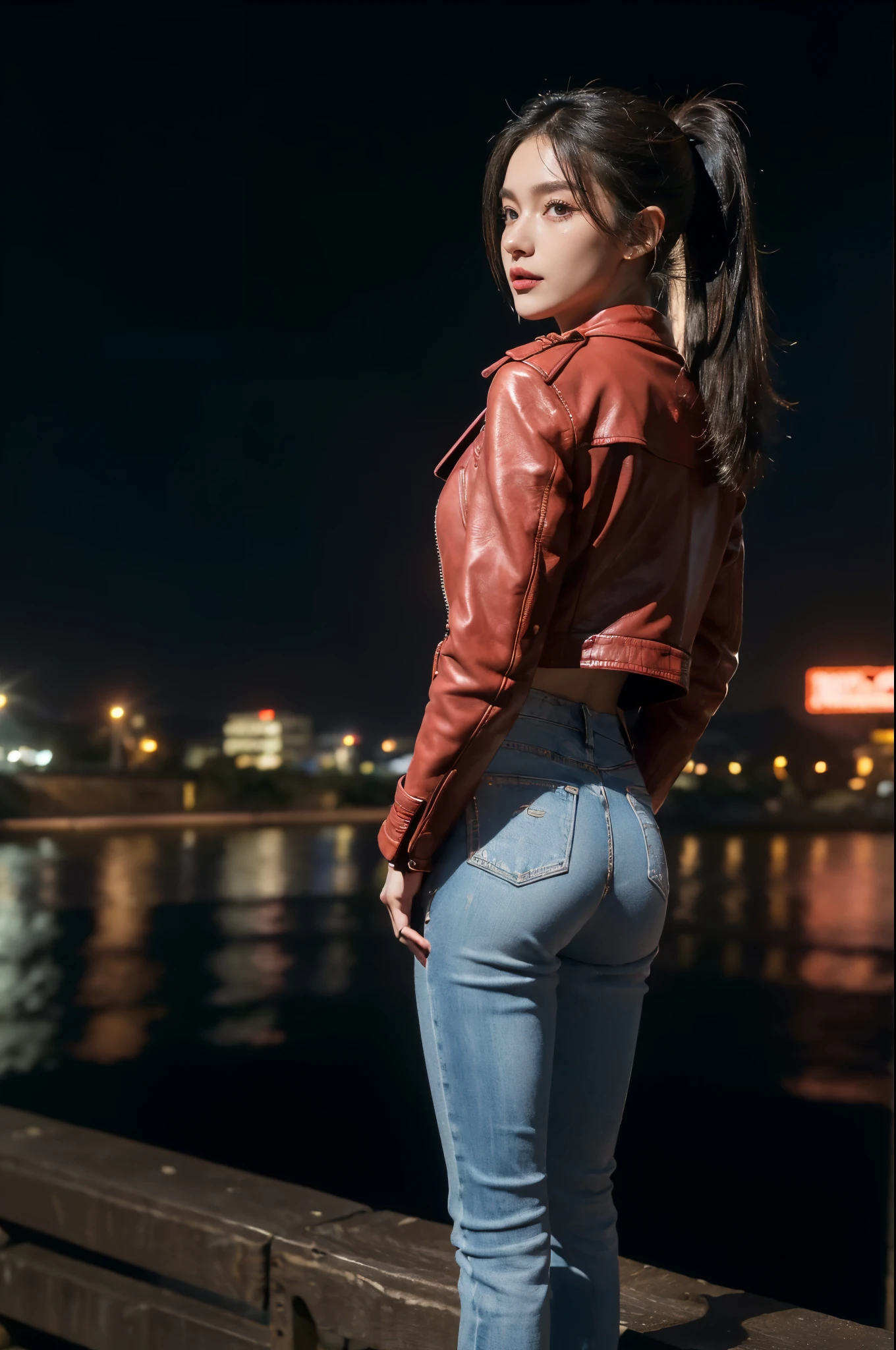 ((((8k))),((Extremely meticulous CG)) ,(wallpaper),16k,((Extremely refined and beautiful)),(((Masterpiece))),(((best qualtiy))),(((Ultra High Resolution))),beautiful light up,Perfect lightning,realistic shaded,[A high resolution],(Smooth and flawless fair skin:1.5),(pale skin:1.3),Extremely exquisite facial details,(perfect body:1.1),ultra-detailed,A beautiful girl,solo,small head,(short ponytail:1.1),(detailed eyes:1.2),small face,Exquisite makeup,(small breasts:1.1),flat chests,slim,thin,(laughing:1.2),(red leather jacket:1.3),(short denim pants:1.2),(sneakers:1.2),(night scene:1.5),outoor,(In mountainous city:1.5),(tall buildings:1.1),(Colorful neon lights:1.2),(By the river:1.5),(ships on the river surface:1.1),(detailed background:1.5),(arms behind back:1.3),(standing:1.3),(upper body:1.3),(from back:1.2),(winter),(Surrounded by crowded crowds:1.3)