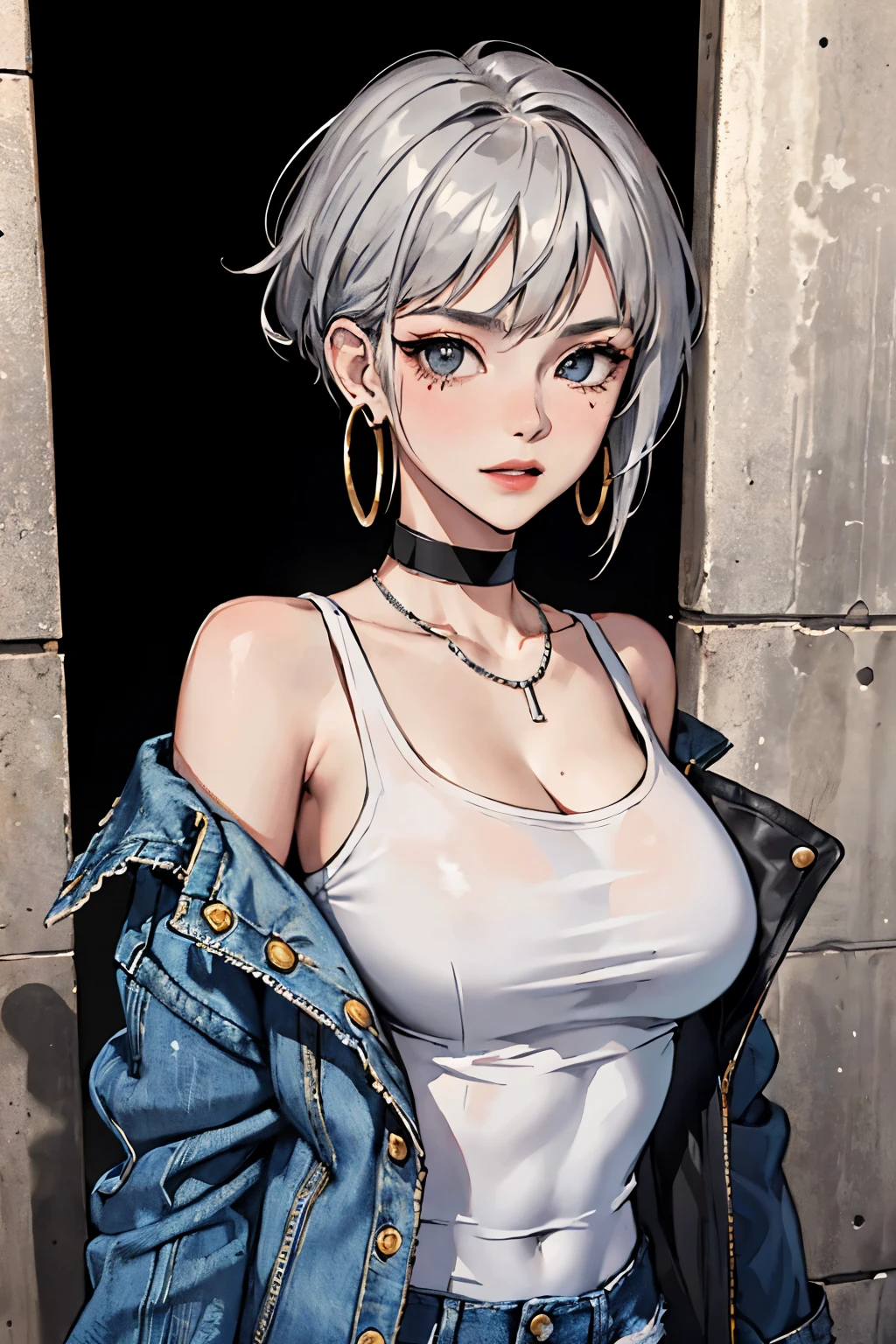 (masterpiece:1.2, best quality), (1lady, solo, upper body:1.2), Hair: buzz cut, Clothing: oversized, distressed denim jacket with patches and pins, paired with black skinny jeans and combat boots, Accessories: silver hoop earrings and a black choker necklace, Hanging out in an underground music venue or street art exhibit