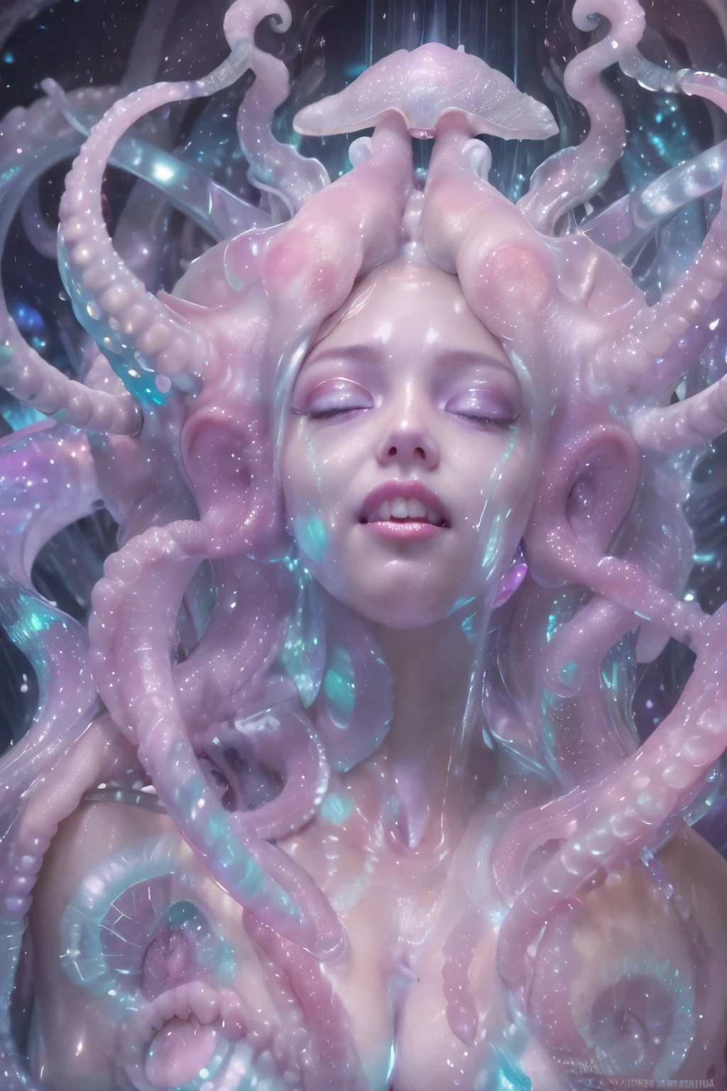 (A portrait of one beautiful and obscene female alien who is a young ager:1.4), ((There is a female genital-like organ in the middle of her forehead:1.8)), (realistic face:1.2), (Numerous award-winning masterpieces, with incredible detail, textures and maximum detail), artistic photography, midnight aura, unreal engine 5, Ultra Sharp Focus, art by Amano Yoshitaka, ArtGerm, Roisch, intricate artwork, ultra realistic realism, high resolution, High freshness, drawing faithfully, official art, Unity 8K Wall paper, ultra detailed artistic photography, dream-like, Creation of fantasy, dream Snail, (biopunk nautilus:1.3),Thrilling color schemes, seductively smiling, Amazing mutation, well-proportioned body, goddess of the deep sea, fractal, Geometric pattern, impossible figures, (translucent white tentacles with luminescent organs:1.4), subtle emerald green accents, (smiling seductively:1.3),(She has the most beautiful face in the history of the universe:1.5), Penelope Cruz, (she is looking down at viewers with glowing iridescent eyes with no pupils:1.3), an evil gaze that seduces, cinematic lighting, (Vampire-like long canine teeth can be glimpsed through the gap between the cute lips:1.3), in the hall of the palace, Sweet breath is exhaling from beautiful lips, ecstatic expression, (Climax expression during intercourse:1.5)