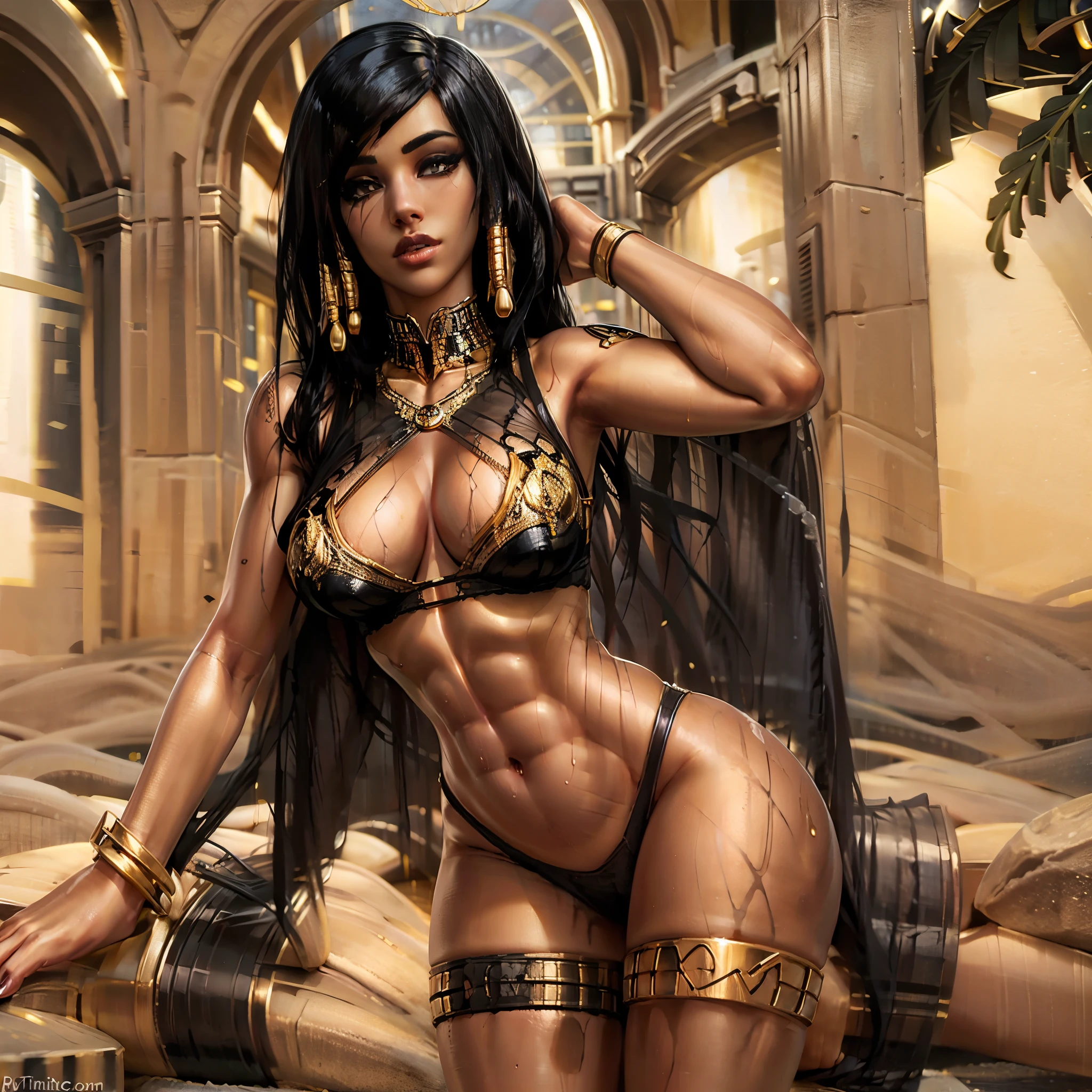 hyper realistic, highly detailed masterpiece of beautiful Egyptian queen Pharah from Overwatch, in a very sexy pose, curvy thick body , tanned skin , black braided hair, perfect face features, thick kissable lips, golden eyes, thick eyebrows, eyelashes, thin nose, glowing eyes, thick eyeliner, golden accessories, jewelries, , muscular body shape , wearing white see through nuisette , seductive look,