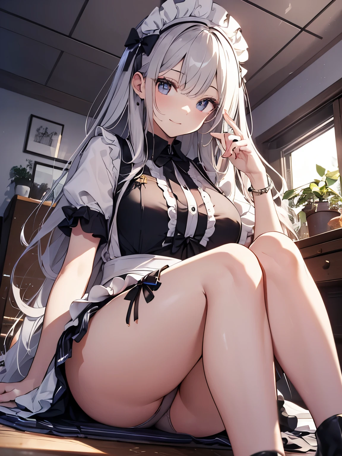(official art、highest quality、Unity 8k wallpaper、32K、masterpiece、super detailed、超high resolution、realistic、Photoreal:1.2)、(cinematic lighting:1.2)、fire glow effect、film grain、best shadows、rim lighting、side light、(Super detailed and complex 3D rendering)、Background like Makoto Shinkai、detailed beautiful face and eyes、(Beautiful and sharp pupils)、masterpiece, high resolution、highest quality, ultla highres, maximum resolution, very detailed, professional lighting, beautiful skin, 28 year old woman、very pretty、Brooklyn、Inside the cafe、waitress、Maid clothes、work at a cafe、Maid clothes、skirt、dress lift、sit down、panties:1.5、shoes下、shoes、bright hair color、blonde、bangs、dull bangs、squint your eyes、grinning expression、a seductive look、the girl is looking away、The girl is looking to the side、Wide angle、angle from below、(((Precise human body structure、Correct and accurate number of limbs、Correct and accurate number of fingers)))