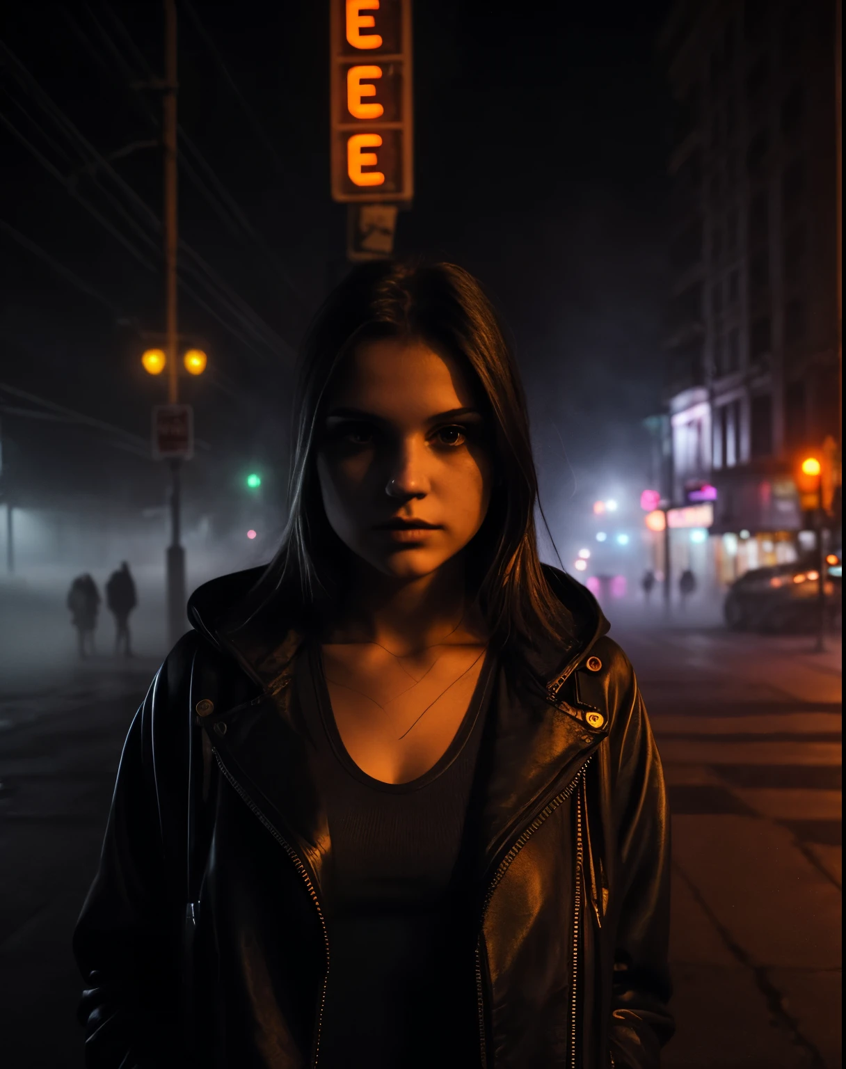 city street, neon, fog, volumetric, closeup portrait photo of young woman in dark clothes,