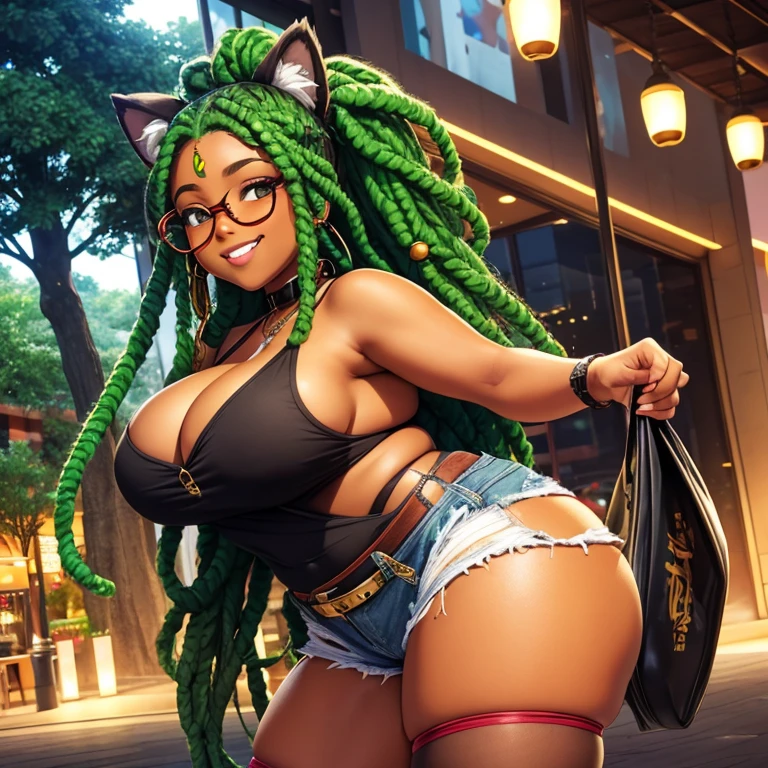 Dark Brown skin tanuki girl, tanuki ears and tail, dark brown skin, brown skin, african american, darker skin, negro, hazel eyes, green long dreadlocks, green space buns, green dreadlocks, dreadlocks are green, green hair, 25 years old, she is chubby, curvy, fat, heavyset, plus sized, big butt, big breast, standing in mall, gold circle glasses , facing camera, explicit, ripped jean shorts, flannel dress, thigh high socks, collar on neck , grinning, cleavage showing, holding cigar, vfx, high def, best quality, low angle, atmospheric lighting, girly boy, wearing combat boots, two legs, close up, cat ears and tail