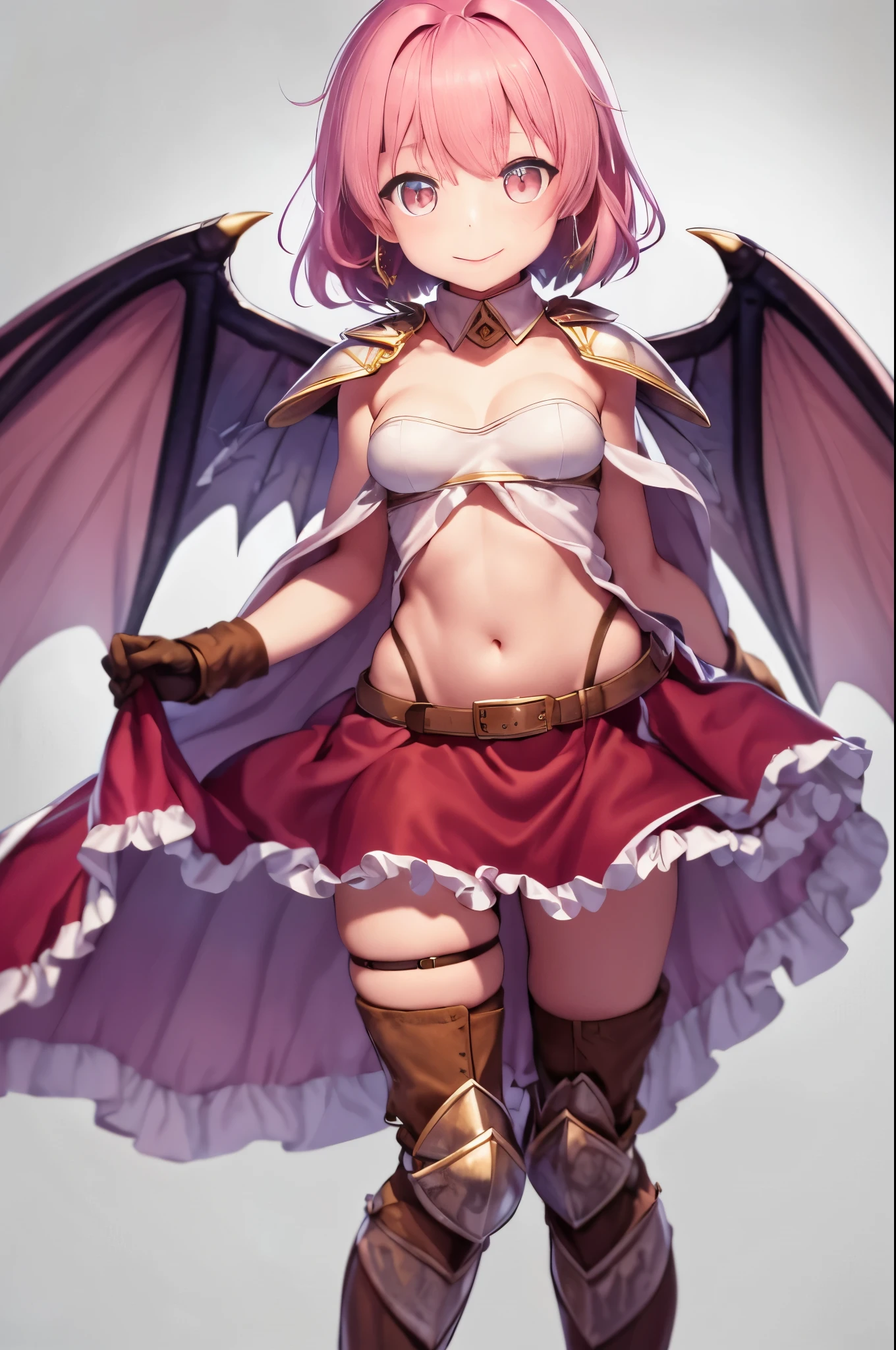 1girl, (nude:1.2), from below, lifted by self, skirt lift pov, hands on own chest, long hair,pink hair, glowing hair, halo,large breasts, symbol-shaped pupils, tatoo, cleavage, low wings, gloves, sideboob, midriff, asymmetrical legwear, mismatched legwear ,drooling, navel, o-ring, o-ring bottom, ribbon, side ponytail, solo, stomach, no bra, no panties, simple background