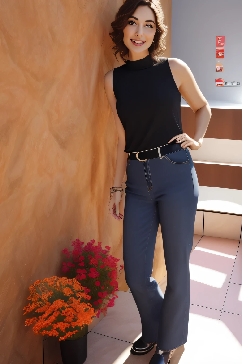 there is a woman standing on a balcony with a vase of flowers, wearing a dark shirt and jeans, Uma mulher com pele branca bronzeada e cabelos escuros. ela tem cerca de 35 anos. Your slightly plump lips are like a delicate flower, o marrom escuro dela, olhos grandes e encantadores parecem conter um mundo de maravilhas. Corpo fino. cintura fina. Your body exudes glamor and your face is the definition of beauty. teste, Altamente realista, pele avermelhada, Lindo, soft lips, batom cor de rosa, sorridente, feeling of lightness and joy, hiperrealismo, pele muito elaborada, olhar direto. foto de corpo inteiro, Limpar foto, alta qualidade, high resolution, obra de arte, 8k.