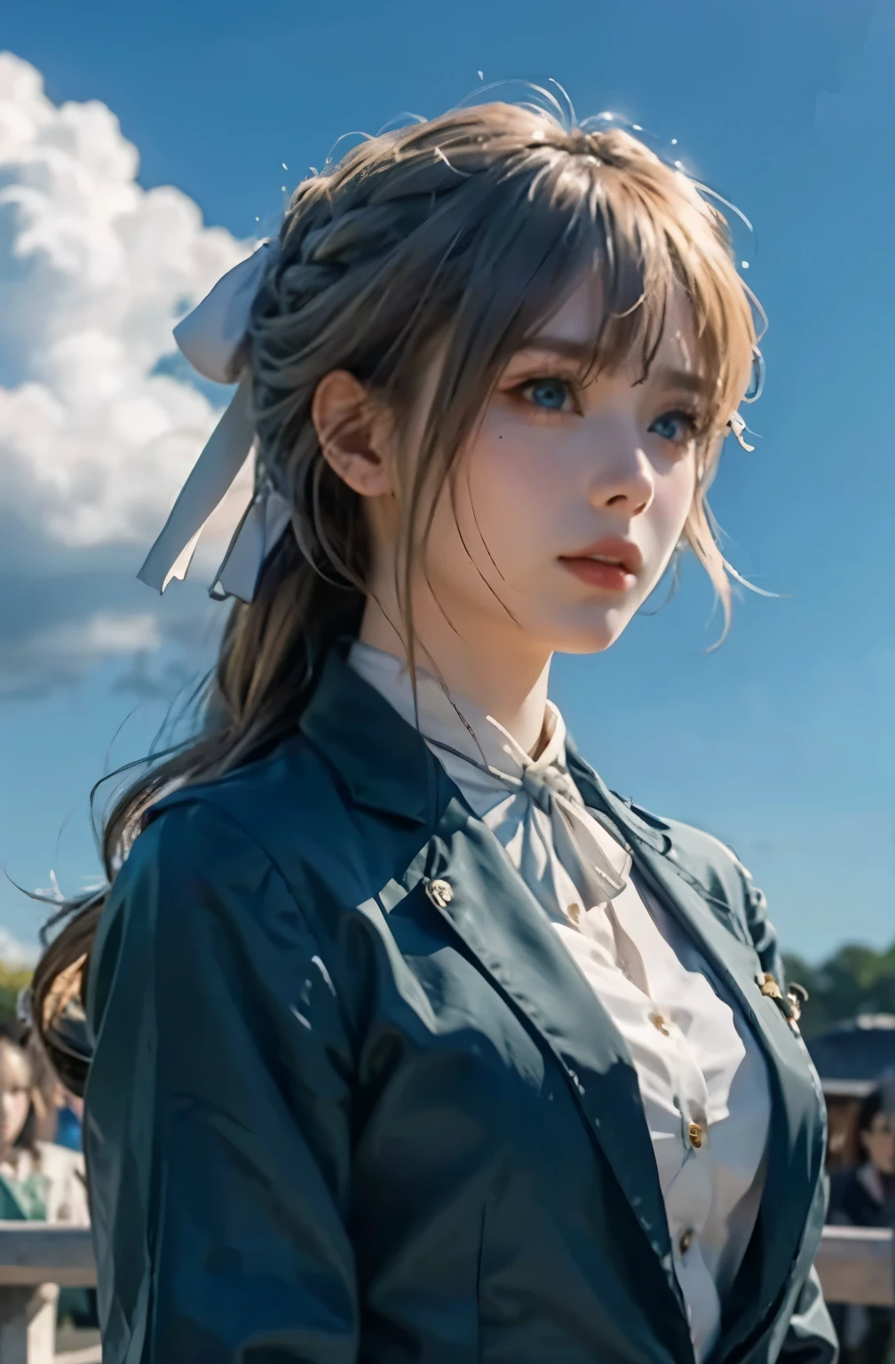 purple, 1 girl, alone, looking at the audience, blue eyes, blonde hair, ribbon, hair between eyes, Green gemstones, close your mouth, jacket, hair ribbon, Upper body, braid, outdoor, Sky空, Sky, cloud, red ribbon, blue Sky空, ascot, hair intake, blue jacket, brooch, white ascot, masterpiece 