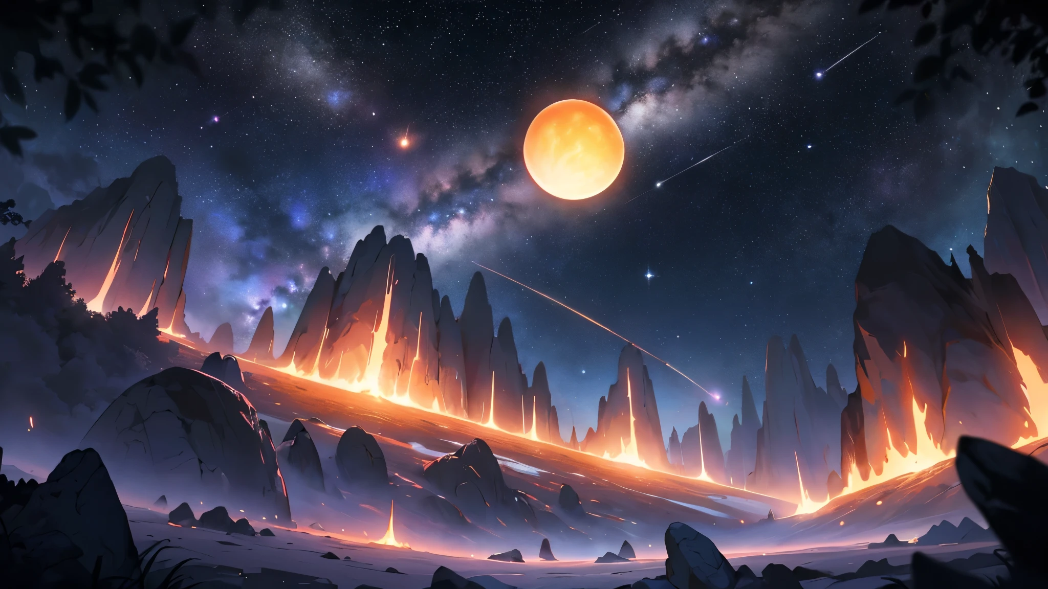 a small planet that has a single tree, floating in the middle of the asteroid belt, surrounded by several asteroids that emitted fiery halos. Dramatic lights from distant stars and planets illuminated the scene, casting deep shadows over the tree.