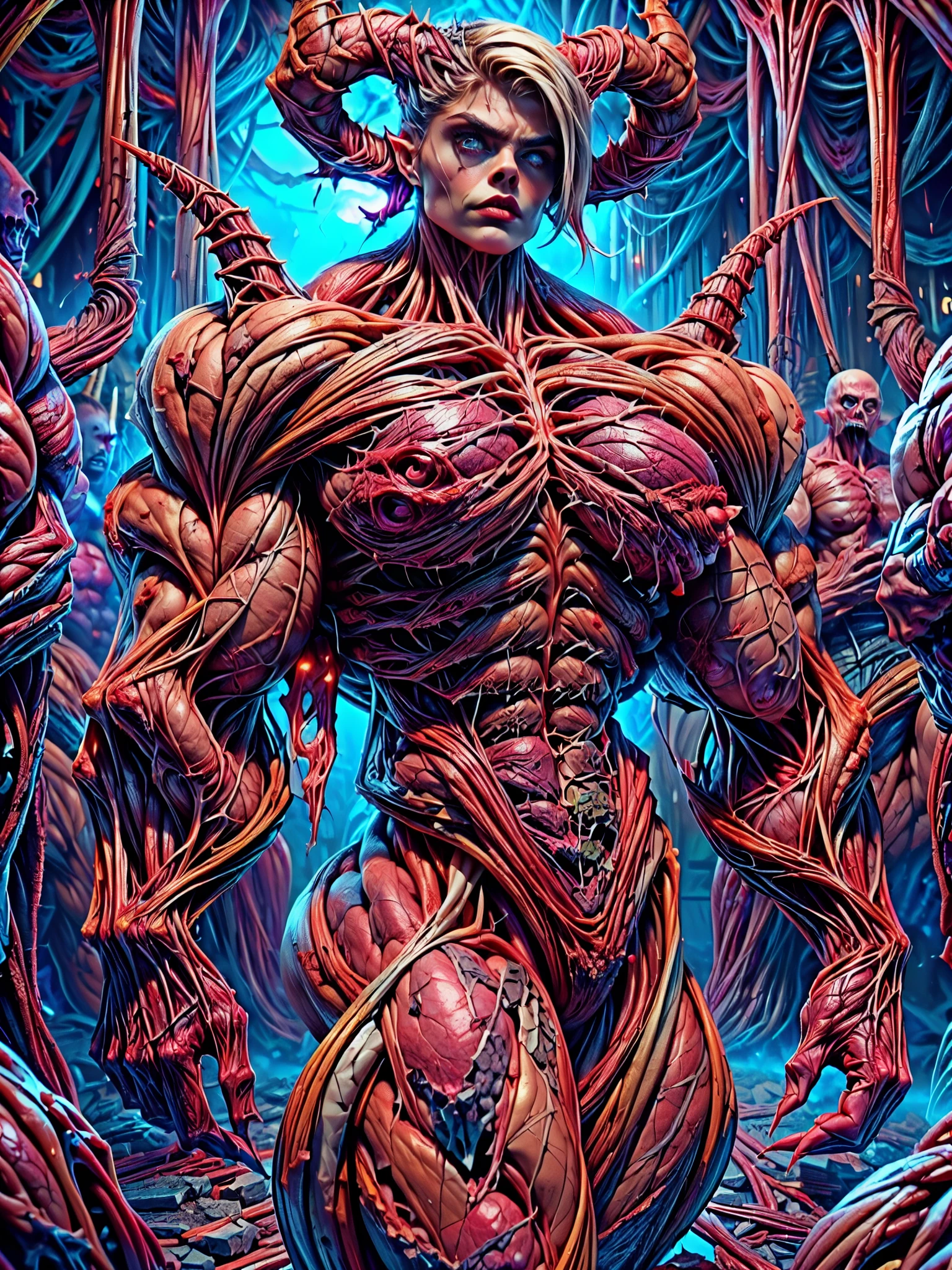 (1 girl), (cara delevingne:1.25), (carnage skinless physique:1.5), (1 super muscular undead skinless succubus with gigantic horns:1.5), (covered in red necrotic rotting skinless muscle:1.5), (exposed muscles & veins everywhere:1.5), (perfect fingers:1.25),(8k, RAW photo, photorealistic:1.25), dark horrific scary atmosphere, hellish landscape, Hellraiser like atmosphere,