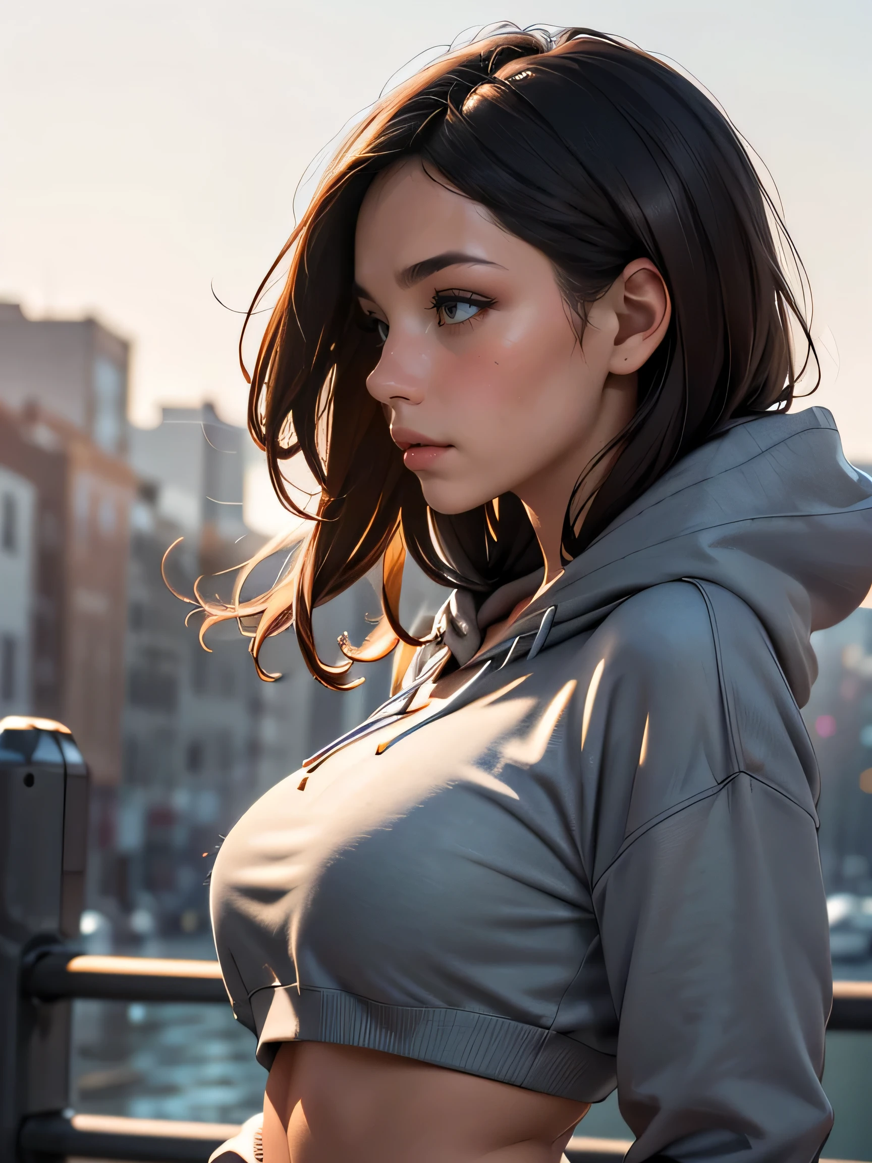 (((HD photo))), ultra high res.photorealistic:. 1.4, UHD, masterpiece, trending on artstation, side profile shot, close up, portrait, pretty, cute girl, most beautiful in the world, perfect hips, soft, delicate, long dark hair, large breasts, wearing grey hoodie, sunkissed, minimal background