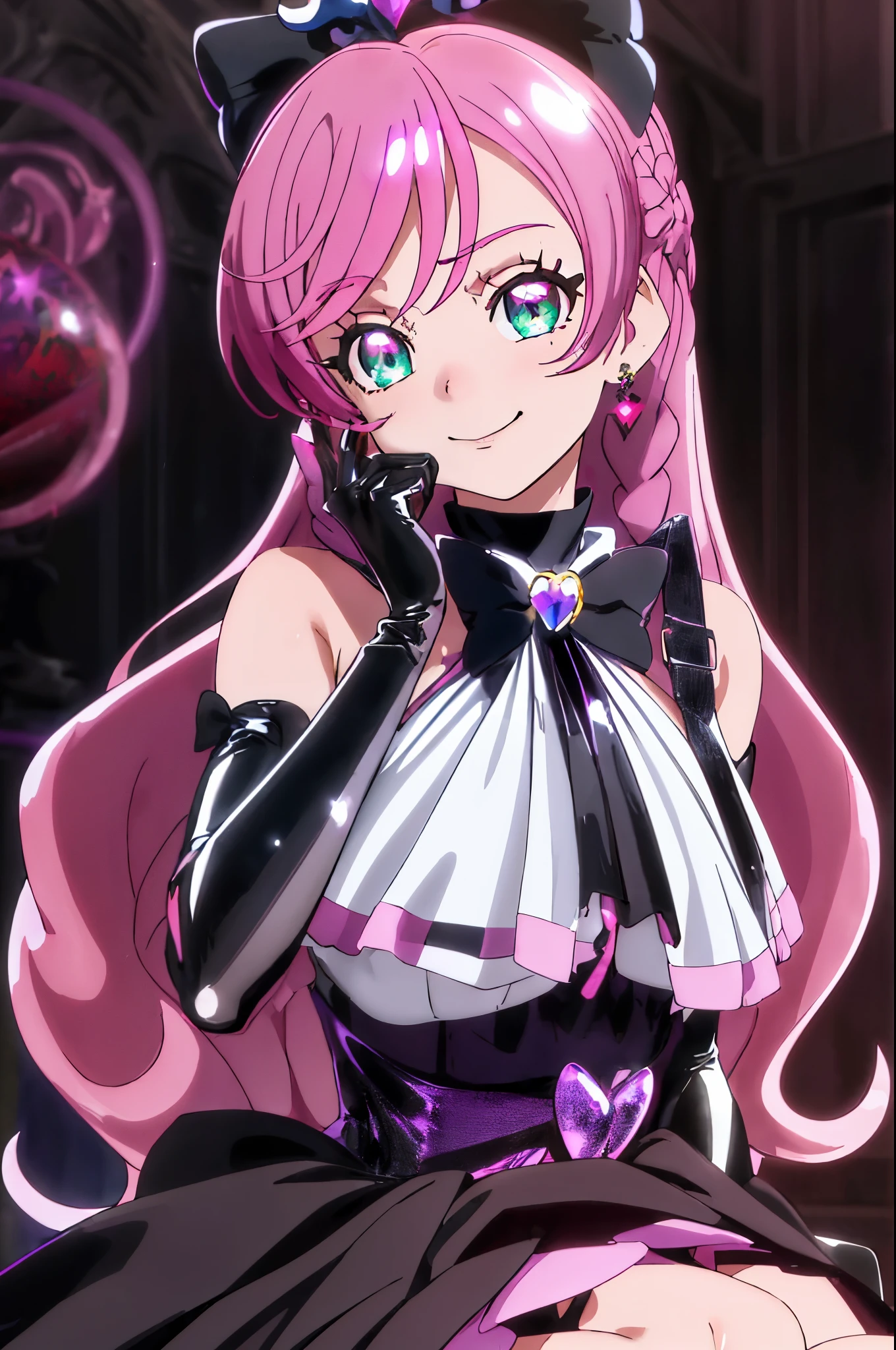 best quality, ultra detailed,1girl, solo, ((cure_prism_hirogaruskyprecure)), long hair, green eyes, pink hair, bow, bangs, black bow, 1girl, braid, gloves, holding, looking at viewer, black gloves, earrings, black skirt with frills, medium breast, black enamel boots, evil smirk, devilish smirk, (shiny fabric:1.5), full body shot, purple gem, seductive pose, blush, demon tail, (beautiful detailed eyes:1.6), extremely detailed face, perfect lighting, extremely detailed CG, (perfect hands, perfect anatomy), red and black color scheme, shiny material, smirks, black ribbon, black satin gloves, single cyber bat wing ornament, black frills, jewelry, corruption, latex shine, black gothic cloak, velvet curtain in the background, black rose ornament, purple mesh,