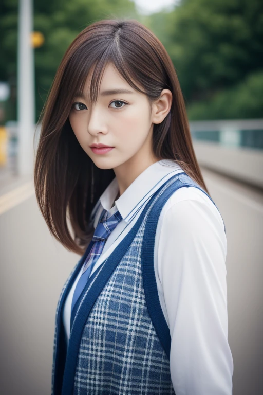 High resolution, RAW photo, realistic, very delicate and beautiful, very detailed, finely, super detailed, (highest quality, 8K, 32K, masterpiece, UHD:1.2), Photo of Pretty Japanese model, JK uniform, Blue plaid pleated skirt, tie, Brown cardigan, beautiful and detailed face, Beautiful clear long eyes, delicate figure, expensive, skinny, medium straight hair,  outdoor, Walk along the station platform, surreal, looking back from the side,