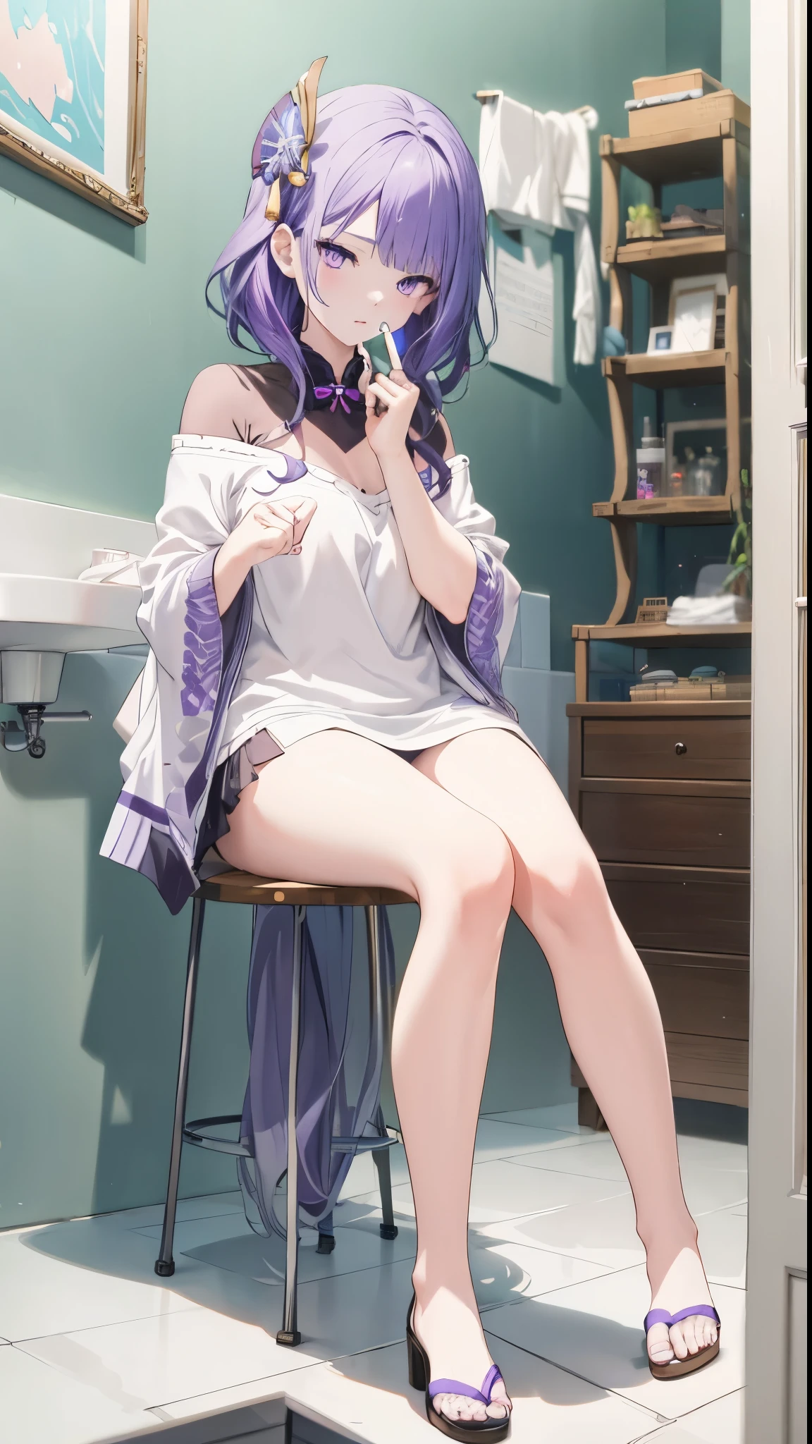 Anime girl sitting on stool brushing teeth in bathroom，long hair,purple hair ，(((purple eyes:1.3))),，(((Fine fingers:1.3))),complicated eyes,Beautiful and delicate eyes,Meticulous hands，Symmetrical eyes guweiz style artwork, guweiz, Beautiful anime girl squatting, Plump breasts，raidenshogundef，guweiz on pixiv artstation, cute anime girl, round face,loli， guweiz on artstation pixiv, by Shitao, fleet collection style, 小曲线loli， masterpiece:1.8,high resolution, sharp focus, (Super detailed, Very detailed), (realistic artwork:1.37),(Very detailed CG unity 8k wallpaper),((Synthwave background theme)),(((bright colors))),(intricate background),(masterpiece),(best quality),