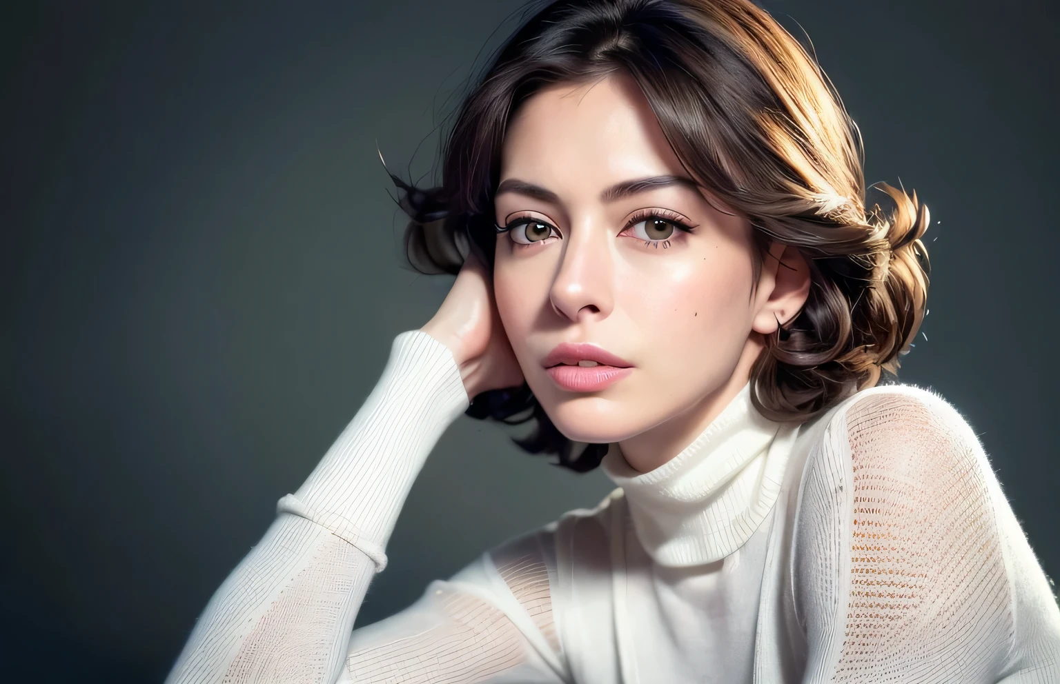 Anne Hathaway、silver hair、short hair、curly hair、Perm Hair、mature woman、50 years old、facial wrinkles、glare at、upper grade、sleepy eyes、1 female,beautiful vintage colors, Instagram (photorealistic, High resolution:1.4), ((puffy eyes)), looking at the viewer, , whole body (8K, RAW photo, highest quality, masterpiece:1.2), (realistic, photo-realistic:1.37),(sharp focus:1.2), professional lighting, photon mapping, radio city, Physically based rendering, (white skin:1.2),,(small breasts:1.2),, looking at the viewer, (middle hair:1.2), portrait, purple eyes, (sliver hair:1.2),bangs, (simple background:1.4), alone, Upper body, white background,realistic,(masterpiece:1.4),(highest quality:1.4),(shiny skin),robber girl,compensate,(closed mouth:1.4),(skinny,,shy, :1.3),(white turtleneck sweater:1.2), Ulchan-6500-v1.1, face to face with the children_v1, Sleeveless Turtleneck Tops