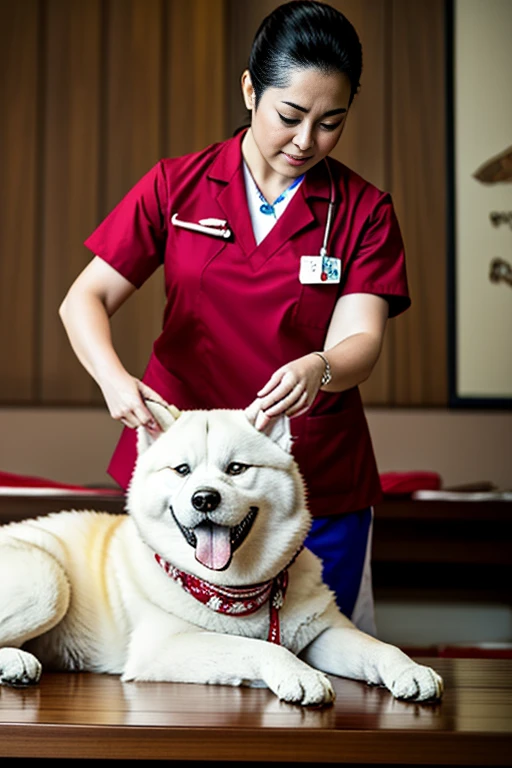 Very furry white Akita dog with red bandana around its neck is lying on a veterinary table Receiving a massage treatment from a woman nurse specialized in dog health setting canine veterinary clinic.
