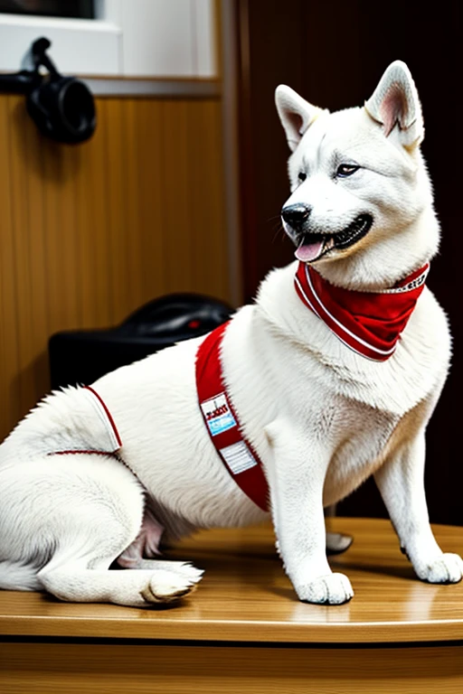 Very furry white Akita dog with red bandana around its neck is lying on a veterinary table Receiving a massage treatment from a woman nurse specialized in dog health setting canine veterinary clinic.