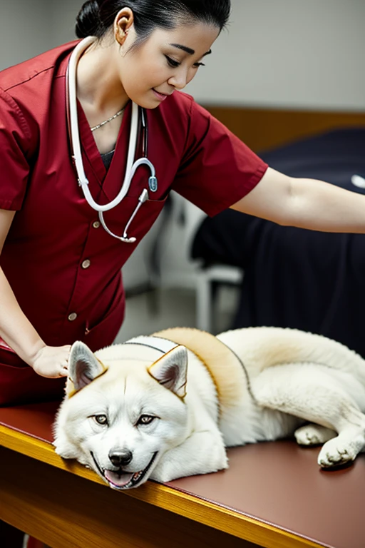  Very furry white Akita dog with red bandana around its neck is lying on a veterinary table Receiving a massage treatment from a woman nurse specialized in dog health setting canine veterinary clinic.

