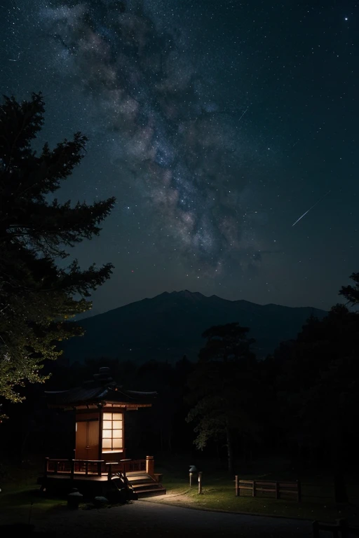 night with stars and galaxy , dark , moon , forest , star , nebula , nine tail fox , japanese temple , silence, beautiful , clear, perfect