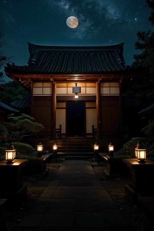 night with stars and galaxy , dark , moon , forest  , star , nebula , nine tail fox , japanese temple , silence, beautiful , clear, perfect