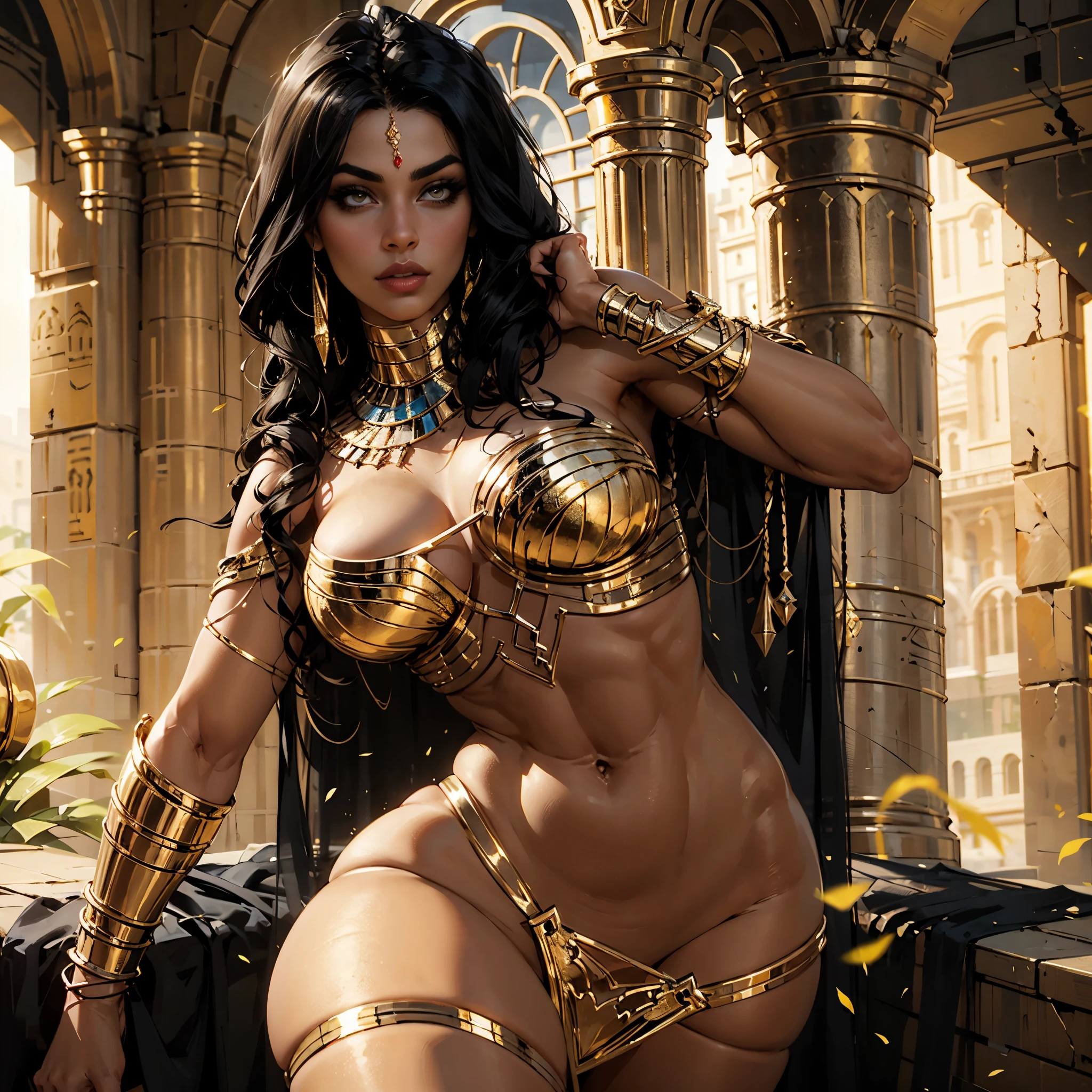 hyper realistic, highly detailed masterpiece of beautiful Egyptian queen Pharah from Overwatch, in a very sexy pose, curvy thick body , tanned skin , black braided hair, perfect face features, thick kissable lips, golden eyes, thick eyebrows, eyelashes, thin nose, glowing eyes, thick eyeliner, golden accessories, jewelries, , muscular body shape , wearing white see through nuisette , seductive look,