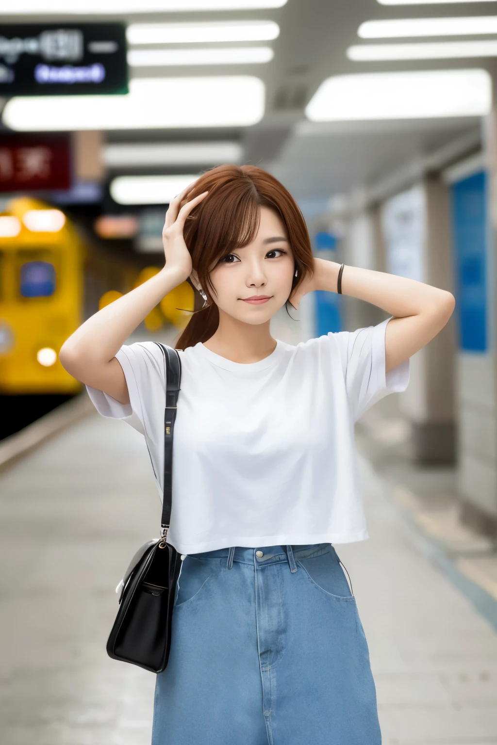 there is a woman standing in a subway station holding her hair, com cabelo curto, linda jovem coreana, linda jovem coreana, tirada com sigma 2 0 mm f 1. 4, linda mulher sul-coreana, coreana, 8k art german bokeh, de uma jovem japonesa, uma jovem bonita, lindo rosto de garotas japonesas