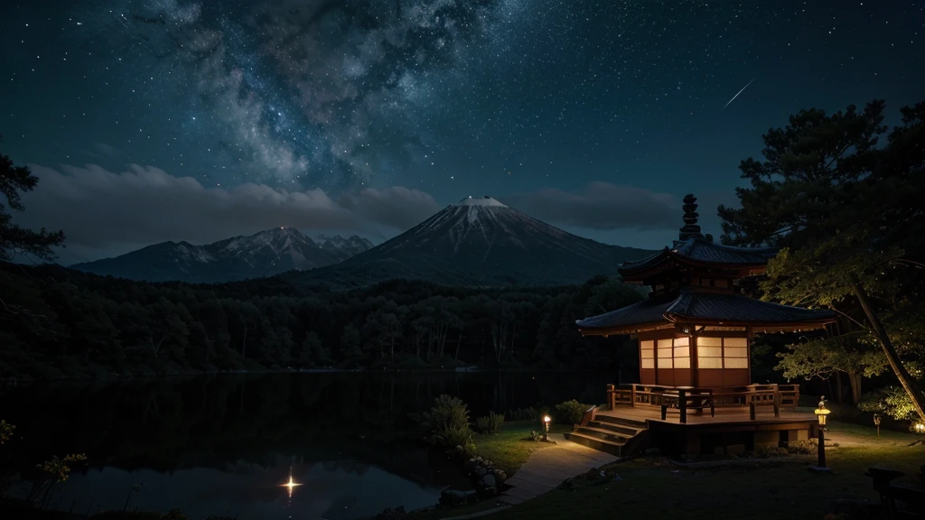 night with stars and galaxy , dark , moon , forest , star , nebula , nine tail fox , japanese temple , silence, beautiful , clear, perfect