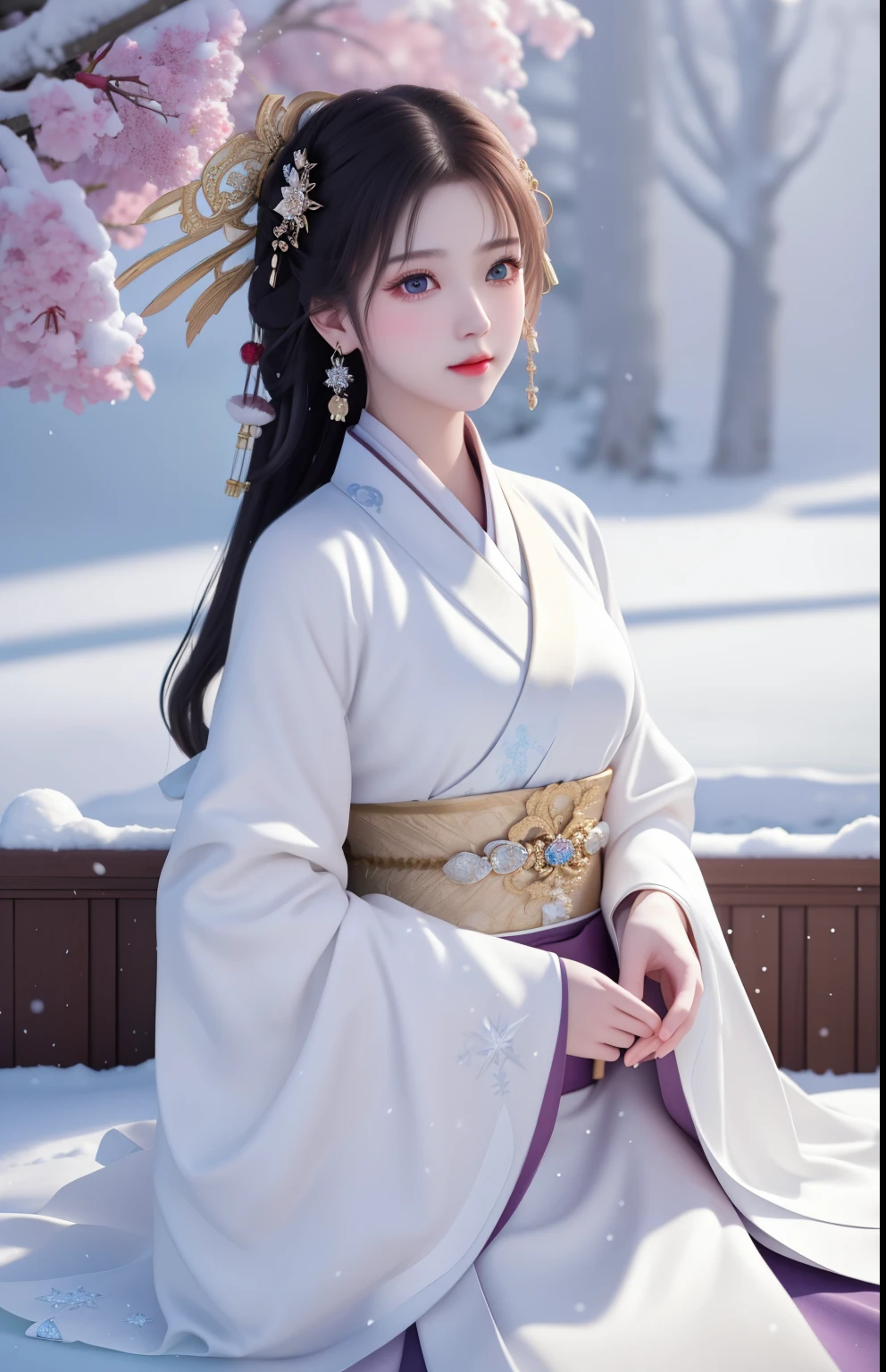 masterpiece, Extremely detailed CG unified 8k wallpaper, 1 girl, unforgettable beauty, actual, Vague, Vaguered background, Vaguered foreground, snow, depth of field, earrings, jewelry, nose, actual, alone, hanfu, White robe, snow, plum bossom,