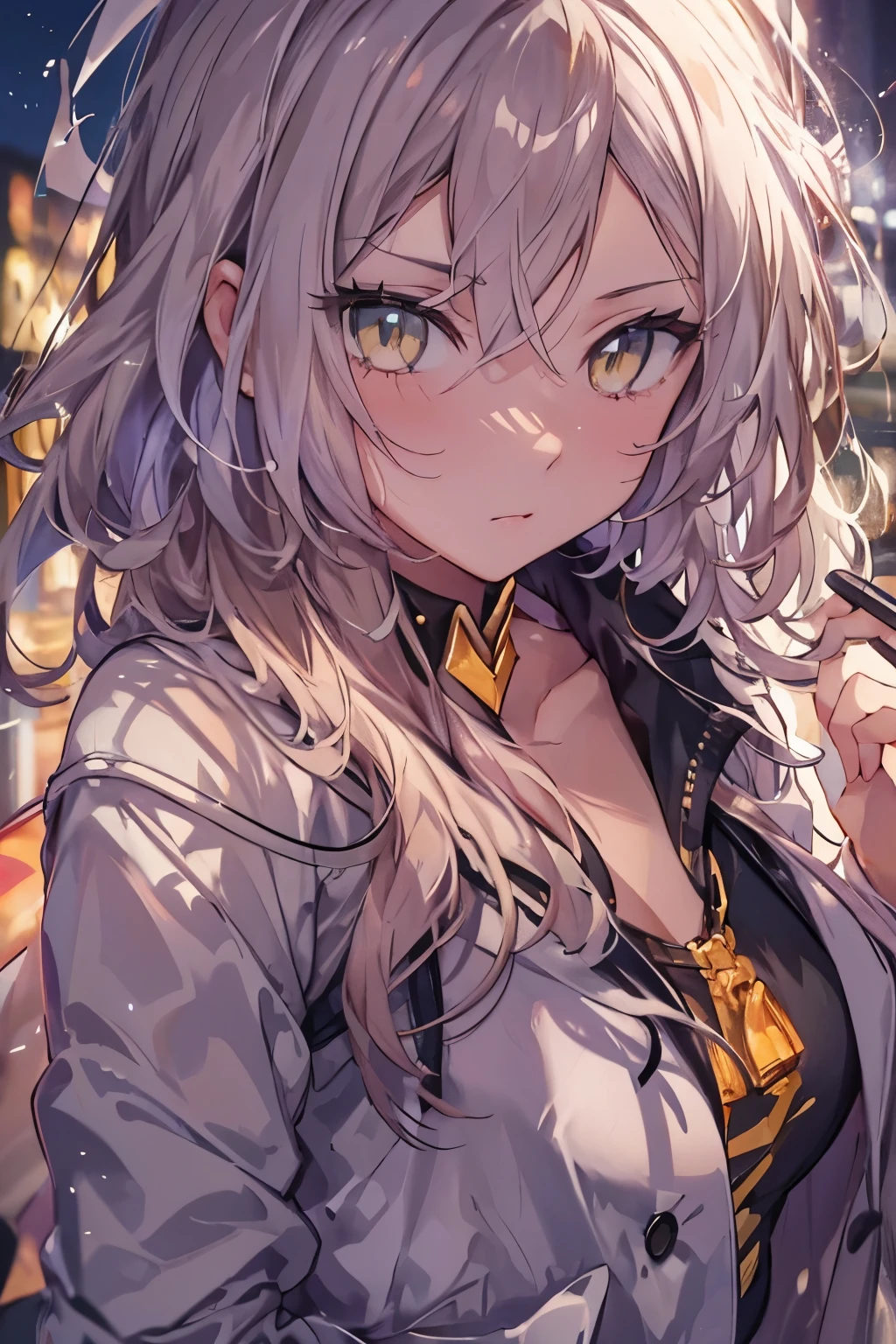 (real:0.2)、anime illustration、1 girl、(((golden eyes))), black coat、、Paris、France、sfv、black pants、black office shirt、、carmen sandigo、、blue sky、、long hair、、dramatic lightning、Lamp light、epic lighting, light falling on face, The light from the rear window is backlit., Face Light, The face is illuminated, fill light, fill light, ((master piece)), (Carmen_Sandigo_v1-1_Shulik-2000:0.6) information, silver hair,