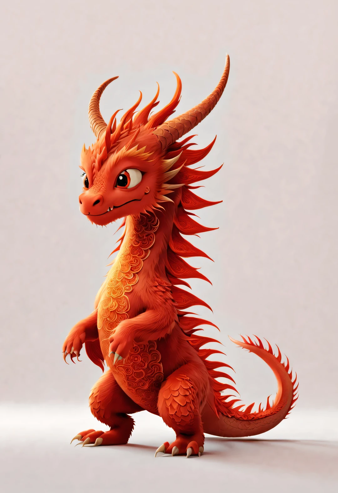 3d rendering, realistic fur, red wallpaper, Simple modern style, beautiful wallpaper, Super skinny naughty red and orange zodiac dragon baby dances playfully, frontal portrait, (There are many clear and symmetrical dragon whiskers: 0.65), (looking at camera), Beijing, 🦑 design, Wearing a monogrammed embroidered hoodie "AI" printed on it: 1.37, Background with red embroidered auspicious cloud texture,