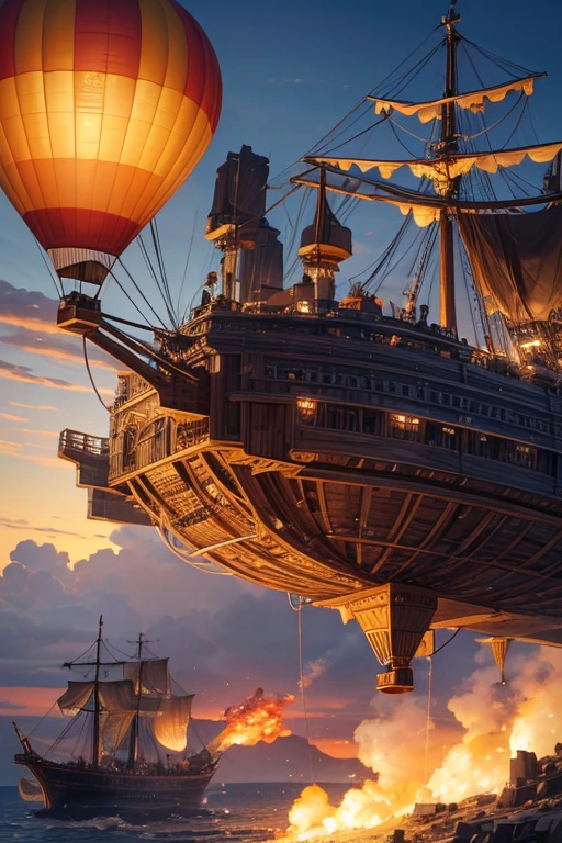 (best quality,4K,8k,high resolution,masterpiece:1.2),Super detailed,(actual,photoactual,photo-actual:1.37),steampunk style,Huge brown and silver steam-powered hot air balloon flies across the sky, steampunk zeppelin,fly overhead,aircraft,柴油動力龐克飛行airship, steam powered spaceship,Stunningly detailed, airship, Material designer generated,Steampunk hot air balloons, The attention to detail is incredible, soar in the air,pbr render,Programmed PBR