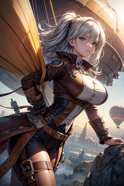 (best quality,4K,8k,high resolution,masterpiece:1.2),Super detailed,(actual,photoactual,photo-actual:1.37),steampunk style,Huge brown and silver steam-powered hot air balloon flies across the sky, steampunk zeppelin,fly overhead,aircraft,柴油動力龐克飛行airship, steam powered spaceship,Stunningly detailed, airship, Material designer generated,Steampunk hot air balloons, The attention to detail is incredible, soar in the air,pbr render,Programmed PBR