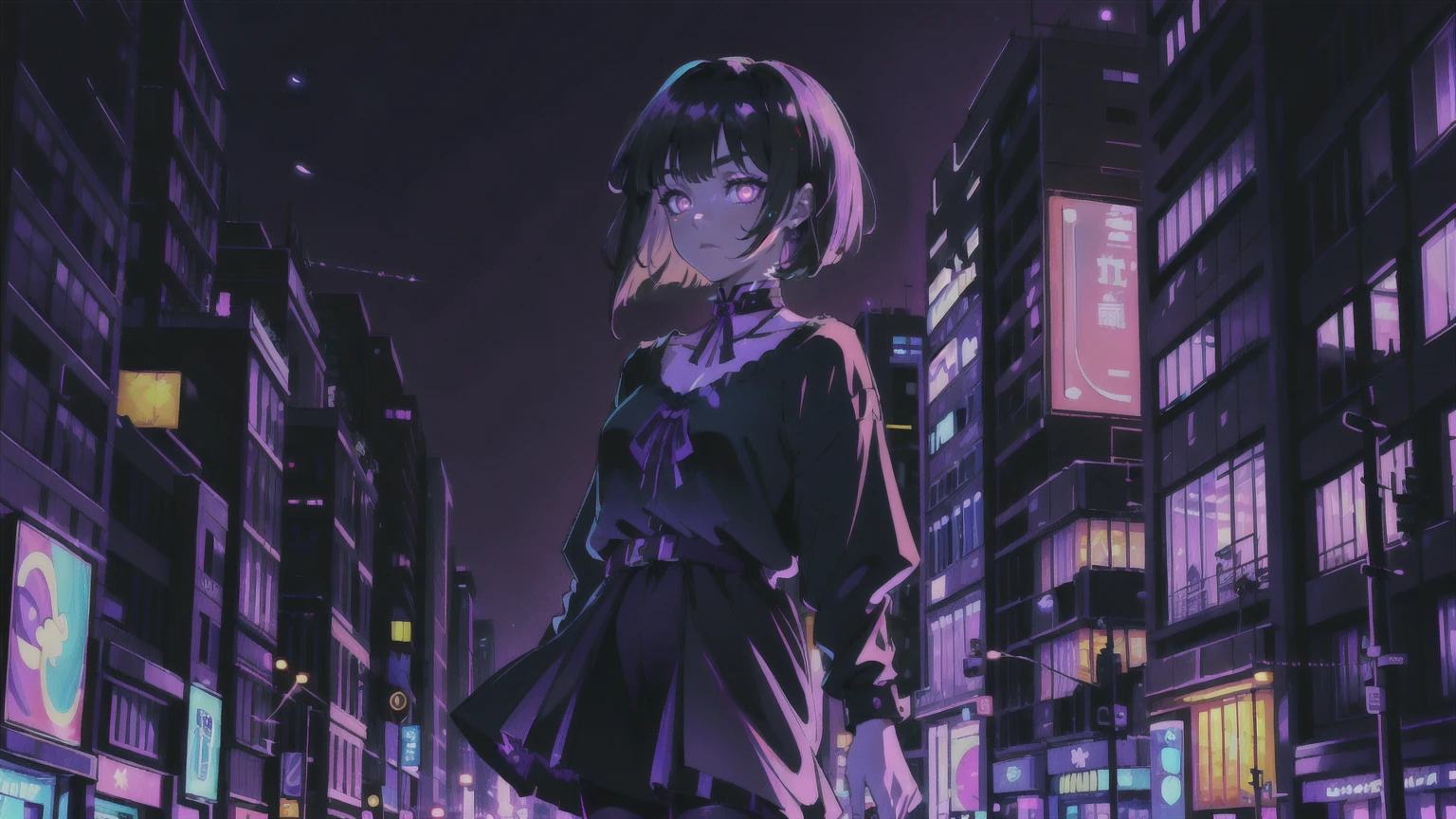 neon palette, 1girl, (masterpiece), short black hair, side swept bangs, dark purple eyes, oversized black shirt, black skirt, black pantyhose, black choker on neck. (purple gradient night time city background:1.5)