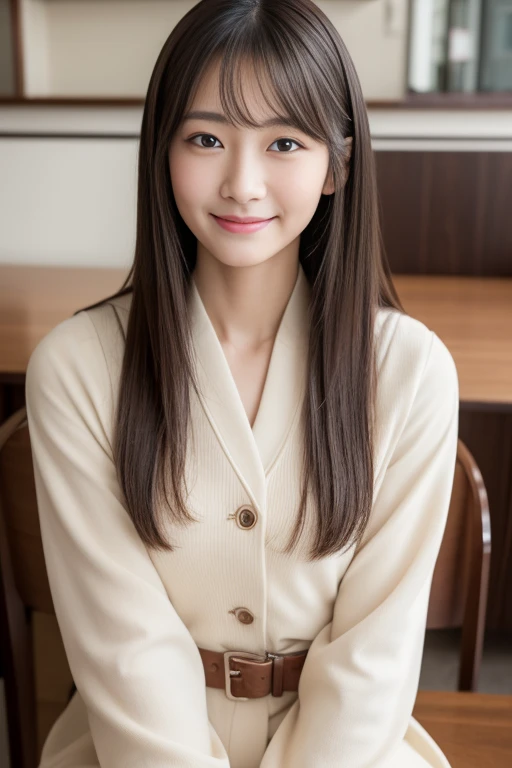 High resolution, RAW photo, realistic, very delicate and beautiful, very detailed, finely, super detailed, (highest quality, 8K, 32K, masterpiece, UHD:1.2), Photo of Pretty Japanese model, JK uniform, beautiful and detailed face, Beautiful clear long eyes, delicate figure, expensive, medium straight hair, Sitting in a café、surreal, Turn here、smile、