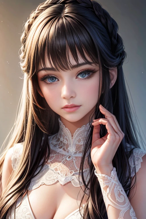 masterpiece, best quality, Extremely detailed CG unity 8k wallpaper,((Upper Body)) ,((Upper Body head close-up shot of a beautiful little girl)), , #1: Elegant Straight Long Blonde Hair, (Mckenna Grace), ((Big Breasts,thigh,Self-luminous skin)),transparent (Purple-green) Golden (Shiny ballet skirt,Long rabbit ear headdress, , bow tie, No underwear, Visible genitals), ((sit,Open your legs)),(), (blush), , (Charming smile), (Ice World), Pretty Face, Key Art, The award-winning, Intricate detail realism hdr, go through (Nguyen Gia Hoa Artgerm and Range Murata), Photorealism, Surreal主义, Surreal, Dramatic lighting, Strong shadows, beautiful scenery, Depth of Field