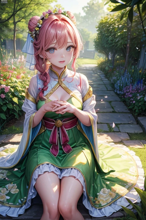One bewitching woman，Standing in a wide garden。She wears a gorgeous flower crown，Hair braided with ribbons into an intricate and delicate bun。She has beautiful and detailed eyes，The eyes are clear and bright，As if I can see into people&#39;s hearts。There is thin eyeshadow around her eyes，It highlights her beauty even more。Her lips are soft and plump，Applying pink lipstick，shining with light。Her skin is as fair as jade，Flawless，as if carved。Her facial lines are soft，The silhouette is exquisite，Show feminine tenderness and charm。

She wears a delicate bright dress，It is embroidered with various floral and bird patterns，Gives people a feeling of spring。There is a thin layer of gauze on the skirt，Gently flutter，as beautiful as petals。She put her hands on her waist，bend gently，Exuding a gentle and elegant atmosphere。

She was standing next to a flower bed in the middle of a garden，The flower bed is filled with all kinds of gorgeous flowers，The colors are bright and eye-catching，It has a rich floral fragrance。There is a path surrounded by stones around the flower bed.，Green grass and small trees are planted on both sides of the path，forming a pleasant scenery。

Sunlight shines on the ground through gaps in the leaves，Create mottled light and shadow。A breeze blows，The leaves sway gently，It seems to add charm to her。The whole garden is illuminated brightly and warmly by the sun，It gives a sense of tranquility and pleasure。

This image is presented in the best possible quality，Every detail is extremely detailed，It feels like you can feel the soft skin of a woman、delicate lips and bright eyes。Realistic and photo-realistic images，Make people fall for it。The colors are bright and vivid，Vibrant and alive。The whole picture gives people a refreshing feeling，It&#39;s like being in a beautiful garden。

This picture is full of detailed artistic style，Blending the beauty of women with the serenity of the garden。The overall color tone is warm and soft，It was peaceful and comfortable。Light effects are realistic and detailed，It makes people feel the warmth and softness of the sun。

This is a high quality and exquisite work of art，Perfectly displaying the beauty of women and the natural beauty of the garden。Make people feel like they are immersed in it，Feel the charm of beautiful women and gardens。