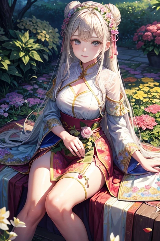 One bewitching woman,Standing in a wide garden。She wears a gorgeous flower crown,Hair braided with ribbons into an intricate and delicate bun。She has beautiful and detailed eyes,The eyes are clear and bright,As if I can see into people's hearts。There is thin eyeshadow around her eyes,It highlights her beauty even more。Her lips are soft and plump,Applying pink lipstick,shining with light。Her skin is as fair as jade,Flawless,as if carved。Her facial lines are soft,The silhouette is exquisite,Show feminine tenderness and charm。
She wears a delicate bright dress,It is embroidered with various floral and bird patterns,Gives people a feeling of spring。There is a thin layer of gauze on the skirt,Gently flutter,as beautiful as petals。She put her hands on her waist,bend gently,Exuding a gentle and elegant atmosphere。
She was standing next to a flower bed in the middle of a garden,The flower bed is filled with all kinds of gorgeous flowers,The colors are bright and eye-catching,It has a rich floral fragrance。There is a path surrounded by stones around the flower bed.,Green grass and small trees are planted on both sides of the path,forming a pleasant scenery。
Sunlight shines on the ground through gaps in the leaves,Create mottled light and shadow。A breeze blows,The leaves sway gently,It seems to add charm to her。The whole garden is illuminated brightly and warmly by the sun,It gives a sense of tranquility and pleasure。
This image is presented in the best possible quality,Every detail is extremely detailed,It feels like you can feel the soft skin of a woman、delicate lips and bright eyes。Realistic and photo-realistic images,Make people fall for it。The colors are bright and vivid,Vibrant and alive。The whole picture gives people a refreshing feeling,It's like being in a beautiful garden。
This picture is full of detailed artistic style,Blending the beauty of women with the serenity of the garden。The overall color tone is warm and soft,It was peaceful and comfortable。Light effects are realistic and detailed,It makes people feel the warmth and softness of the sun。
This is a high quality and exquisite work of art,Perfectly displaying the beauty of women and the natural beauty of the garden。Make people feel like they are immersed in it,Feel the charm of beautiful women and gardens。