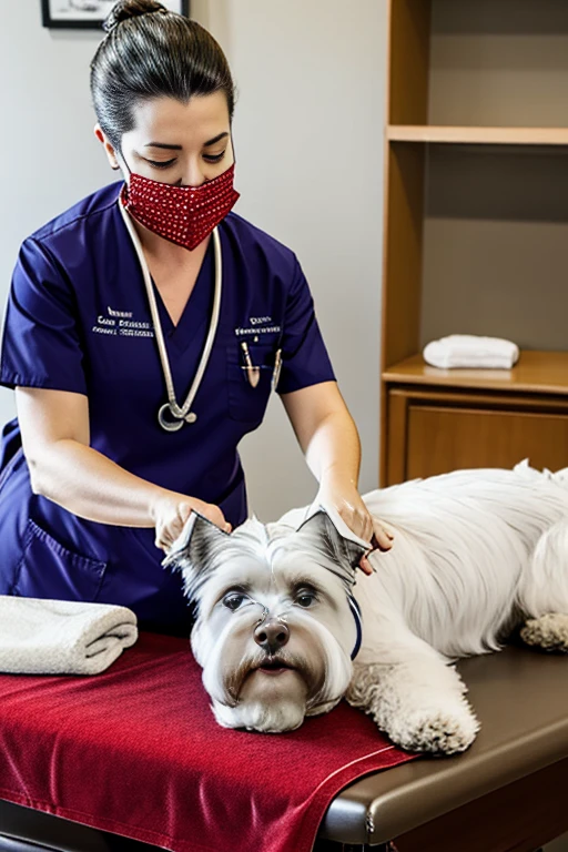 White furry collie dog with bandana around its neck is lying on a veterinary table Receiving a massage treatment from a woman western nurse specializing in dog health setting canine veterinary clinic.