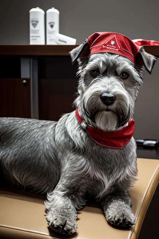 Very furry schnauzer dog with red bandana around its neck is lying on a veterinary table Receiving a massage treatment from a woman western nurse specializing in dog health setting canine veterinary clinic.