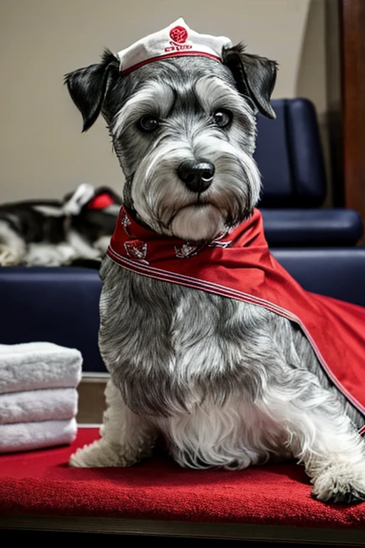  Very furry schnauzer dog with red bandana around its neck is lying on a veterinary table Receiving a massage treatment from a woman western nurse specializing in dog health setting canine veterinary clinic.

