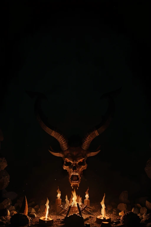 a symmetrical artwork of the underworld on fire, long horned bearded devils skulls are screaming at you, a burning upside down pentagram, dark smoke.