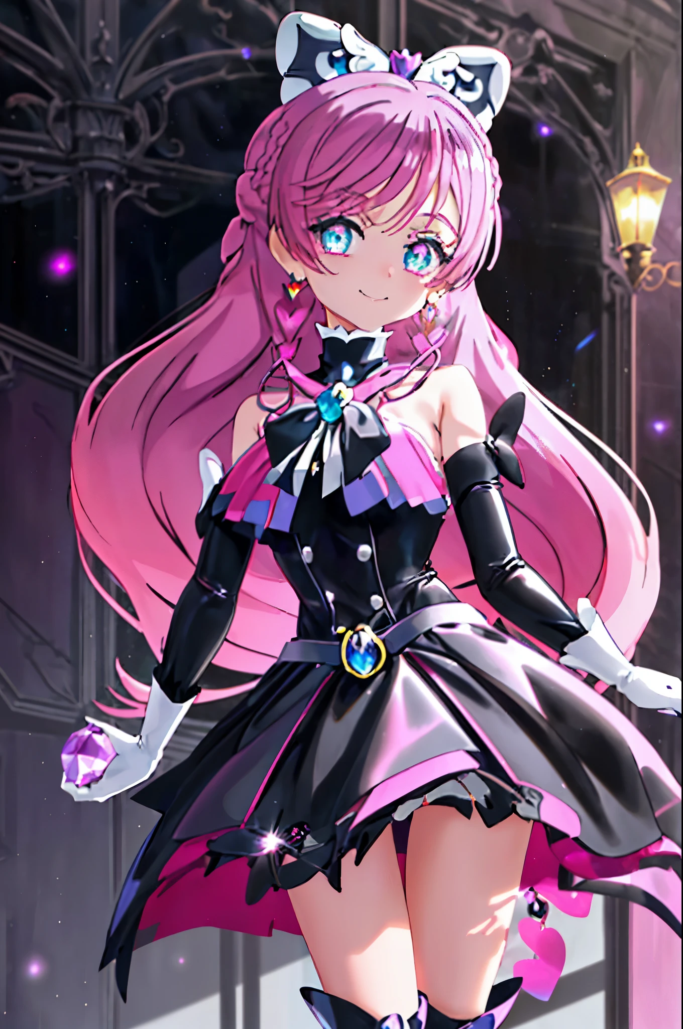 best quality, ultra detailed,1girl, solo, ((cure_prism_hirogaruskyprecure)), long hair, green eyes, pink hair, bow, bangs, black bow, 1girl, braid, gloves, holding, looking at viewer, black gloves, earrings, black skirt with frills, medium breast, black enamel boots, evil smirk, devilish smirk, (shiny fabric:1.5), full body shot, purple gem, seductive pose, blush, demon tail, (beautiful detailed eyes:1.6), extremely detailed face, perfect lighting, extremely detailed CG, (perfect hands, perfect anatomy), red and black color scheme, shiny material, smirks, black ribbon, black satin gloves, cyber bat wing ornament, black frills, jewelry, corruption, latex shine, black gothic cloak, velvet curtain in the background, black rose ornament, purple mesh,