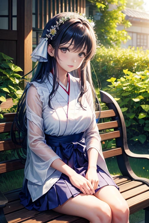 A woman sitting on a bench in the building,(best quality, 4K, high resolution, actual:1.37), Super detailed, professional, bright colors, portrait, landscape, soft light, (Beautiful and delicate eyes:1.1, Beautiful and delicate lips:1.1, Extremely detailed eyes and face:1.1, long eyelashes:1.1), Mina Kamishiro, ayami kojima, Yoshihito Nara, Chihaya, Kojima Diariamai, Kazumi Kazumi, Yuka Kazami, singer shiro, Akemi Takeda, Tomitsu Midsuke, Later Ma
