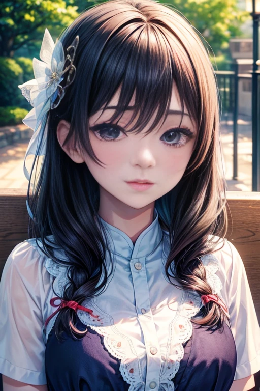 A woman sitting on a bench in the building,(best quality, 4K, high resolution, actual:1.37), Super detailed, professional, bright colors, portrait, landscape, soft light, (Beautiful and delicate eyes:1.1, Beautiful and delicate lips:1.1, Extremely detailed eyes and face:1.1, long eyelashes:1.1), Mina Kamishiro, ayami kojima, Yoshihito Nara, Chihaya, Kojima Diariamai, Kazumi Kazumi, Yuka Kazami, singer shiro, Akemi Takeda, Tomitsu Midsuke, Later Ma