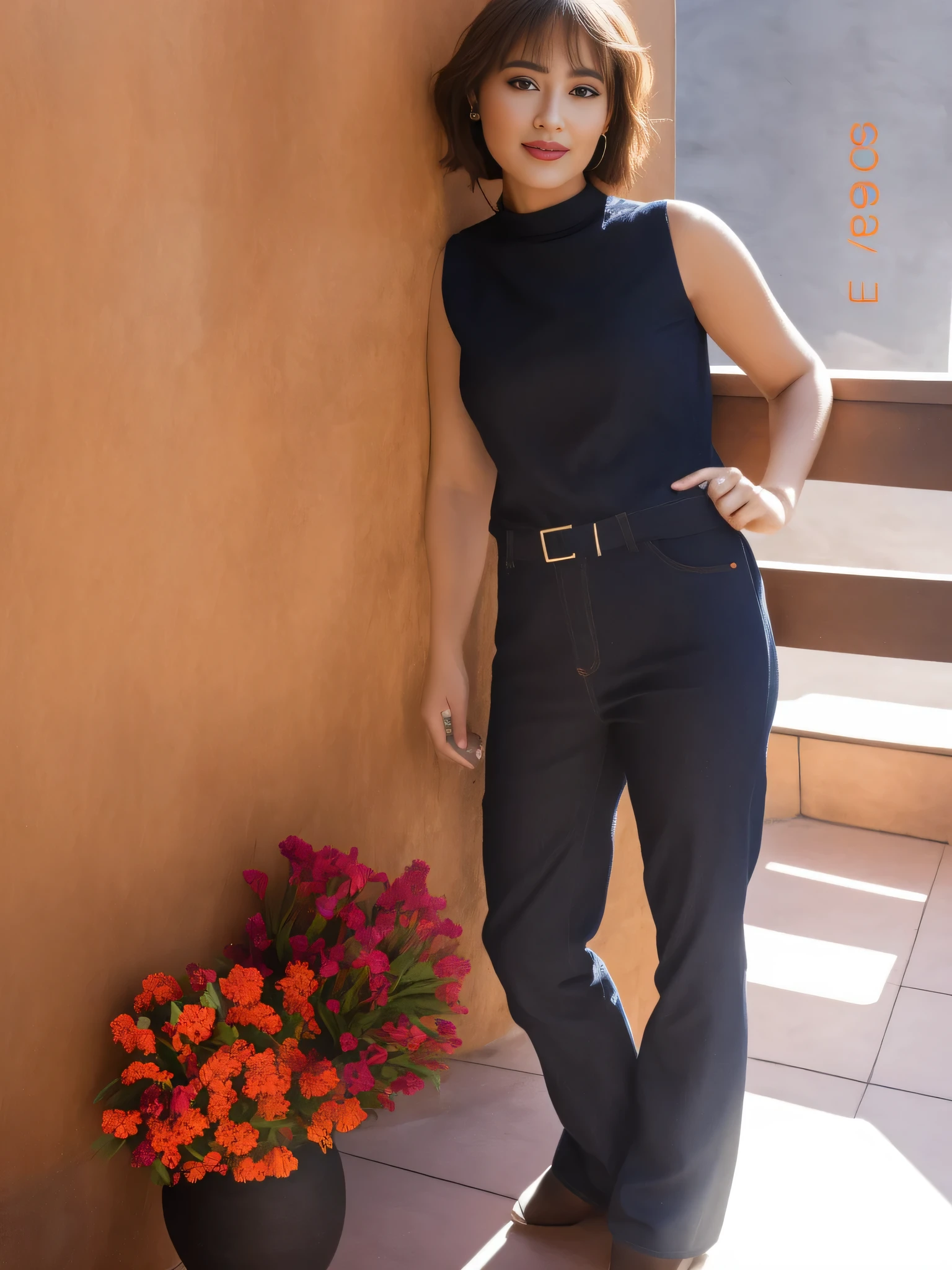 there is a woman standing on a balcony with a vase of flowers, wearing a dark shirt and jeans, Uma mulher com pele branca bronzeada e cabelos escuros. ela tem cerca de 35 anos. Your slightly plump lips are like a delicate flower, o marrom escuro dela, olhos grandes e encantadores parecem conter um mundo de maravilhas. Corpo fino. cintura fina. Your body exudes glamor and your face is the definition of beauty. teste, Altamente realista, pele avermelhada, Lindo, soft lips, batom cor de rosa, sorridente, feeling of lightness and joy, hiperrealismo, pele muito elaborada, olhar direto. foto de corpo inteiro, Limpar foto, alta qualidade, high resolution, obra de arte, 8k.